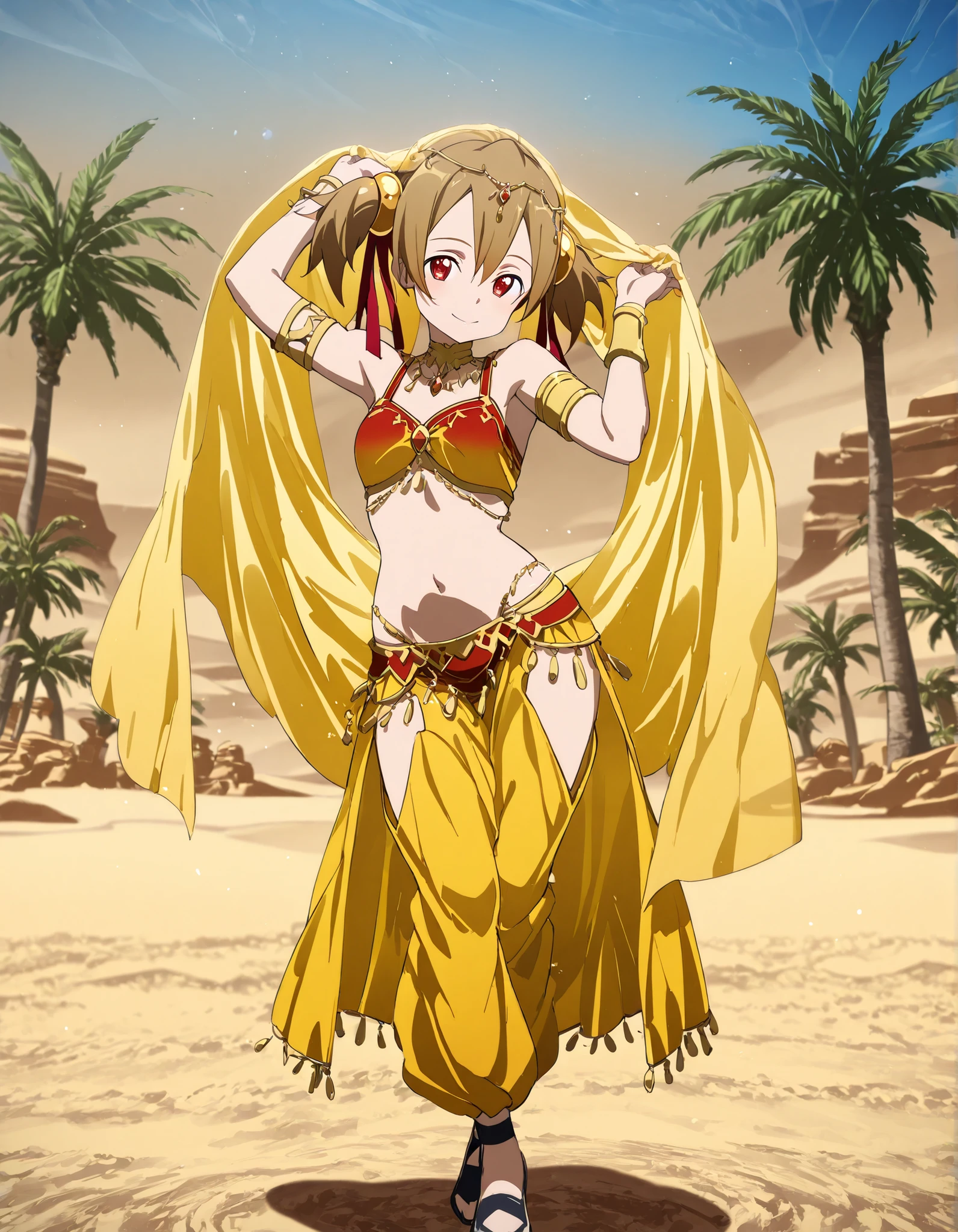 (1girl:1 . 5) , (Seul:1 . 5) , score_9 , score_8_haut , score_7_haut , source_anime , Official work  , ultra-detailed , masterpiece , best quality selfie snapshot , high resolution , beaux yeux , detailed eyes , detailed face , beautiful detailed eyes ,Sword art Online,Silica,Arabian Clothes , Arabian Dancer ,belly dancer costume ,full body,golden jewelery,armlet, belly dancing,desert lands,palm tree,seductive smile, dancing with veil, dynamic movement,dance posture, seductive pose