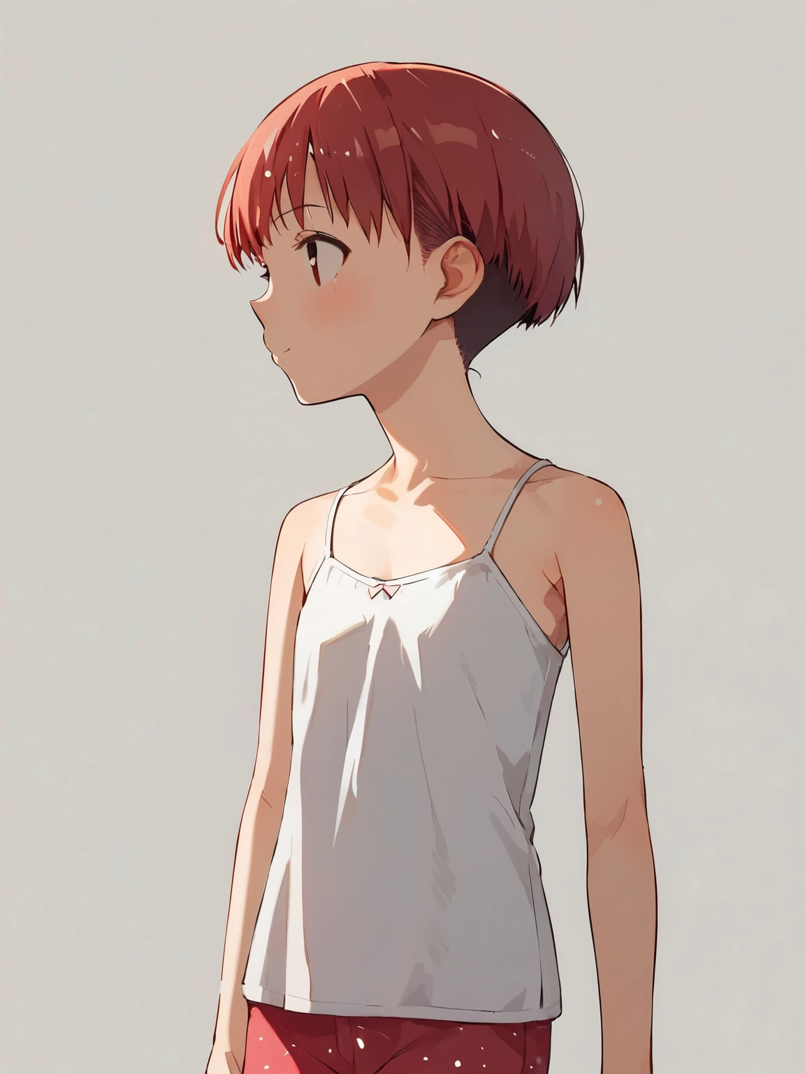 score_9, score_8_ up, score_7_ up, Source_anime, nsfw,uncensored,かわいく若いsmall少女,Baby Face,非常にShort Height,small,I'm looking for an infant figure,Beautiful underdeveloped body,Short Height,short buzz cut,Red hair. flat chest, thin legs, Thin Arms, Very Skinny. Red cotton tights. camisole. stand straight. portrait,depth of subject,Ghibli style,glitter when you wear it,fisheye lens,shine when you wear them,