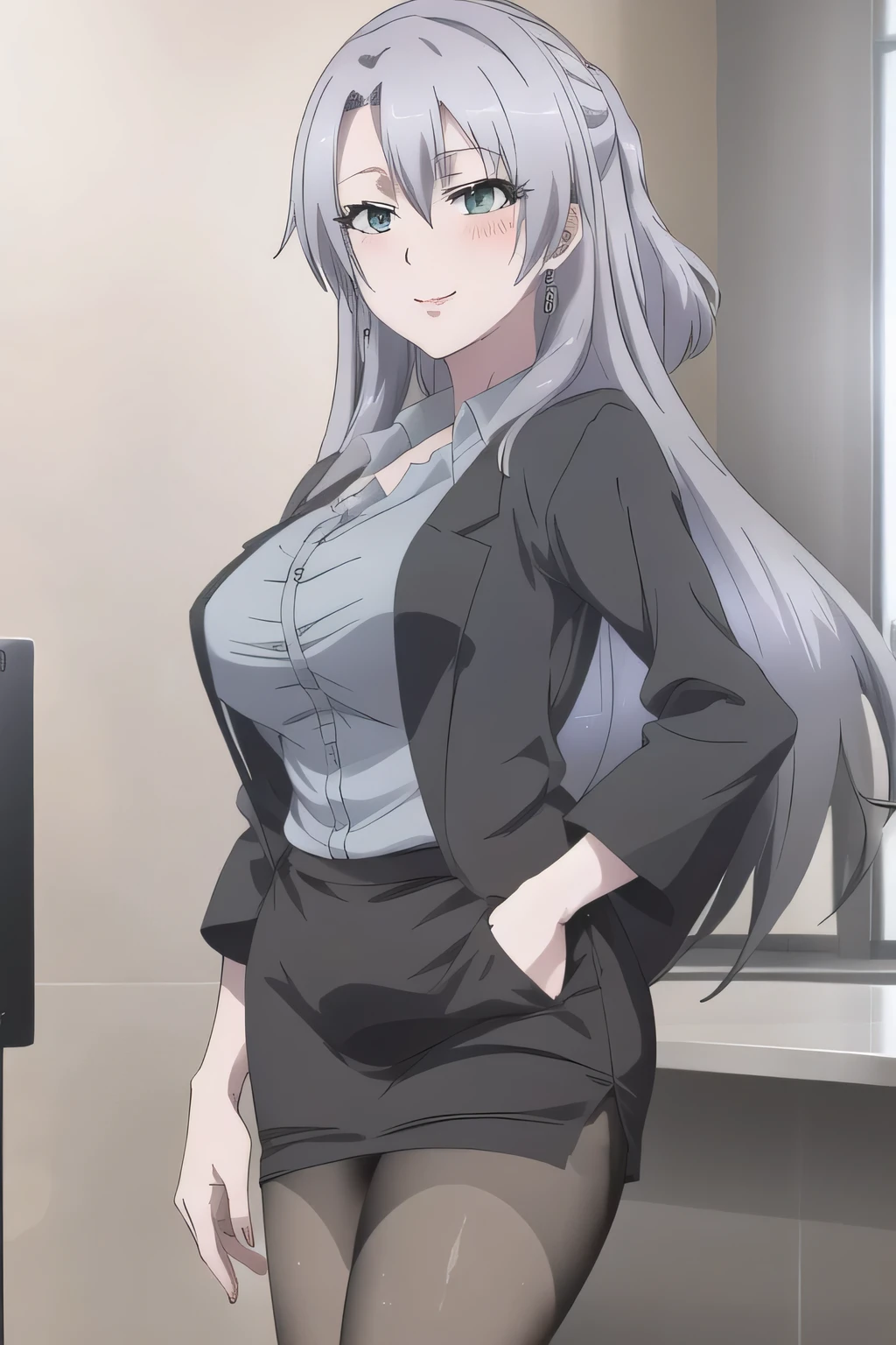  can you draw a smiling expression even More Delicate  ly，Can you delicately draw a woman with a nice smile，More Delicate   ，Adorable Smiling Woman    ，LONG LIGHT PURPLE HAIRの女性，薄手の服を着たBIG BREASTSの女性，micro mini skirt，BIG BREASTS, gorgeous thighs wearing thin clothes  ，Beautiful legs，High Heels，    college students    ，Alone，my whole body,, is standing,Beautiful legs,Adorable Smiling Woman    たちを描けますか， ，Legs open，  Draw it，，Adorable Smiling Woman    たち，（LONG LIGHT PURPLE HAIR），Draw it， dark blue suit ，white blouse，close dark blue tight mini skirt {X}，BIG BREASTS，BIG BREASTSでもウエストが細い，，，Alone，        ,    limbs のディテールを正確に描けますか，   ，，BIG BREASTSと更にBIG BREASTSDraw it，cinematic lighting，High Heels，  Attractive 20 Year Old Woman                           ,              ,                                    , ,   BIG BREASTS, thin waist ， ,   ，，       limbs       ，  ，Beautiful legs,beginning, Don't prepare your face with facial expressions，