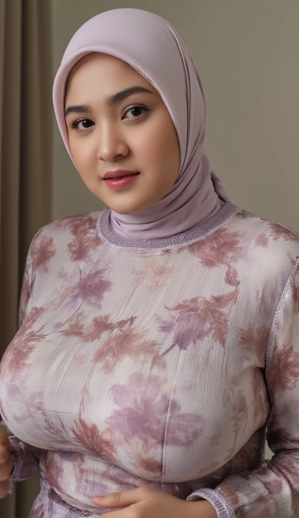 Jumbo (Oversized), Chubby adorable, 1 girl, (face to face), , baby face, angry face expression, half body portrait, (face details: 1), (eye details: 1), ((big breasts)). wearing transparent transparency soft long shirt, hijab, .. Cute posed. proportional body. Ultra High Res. realistic: 1.4, UHD, ((flowers pattern)), ((Bigger:2.3)), (((RED BACKGROUND)))