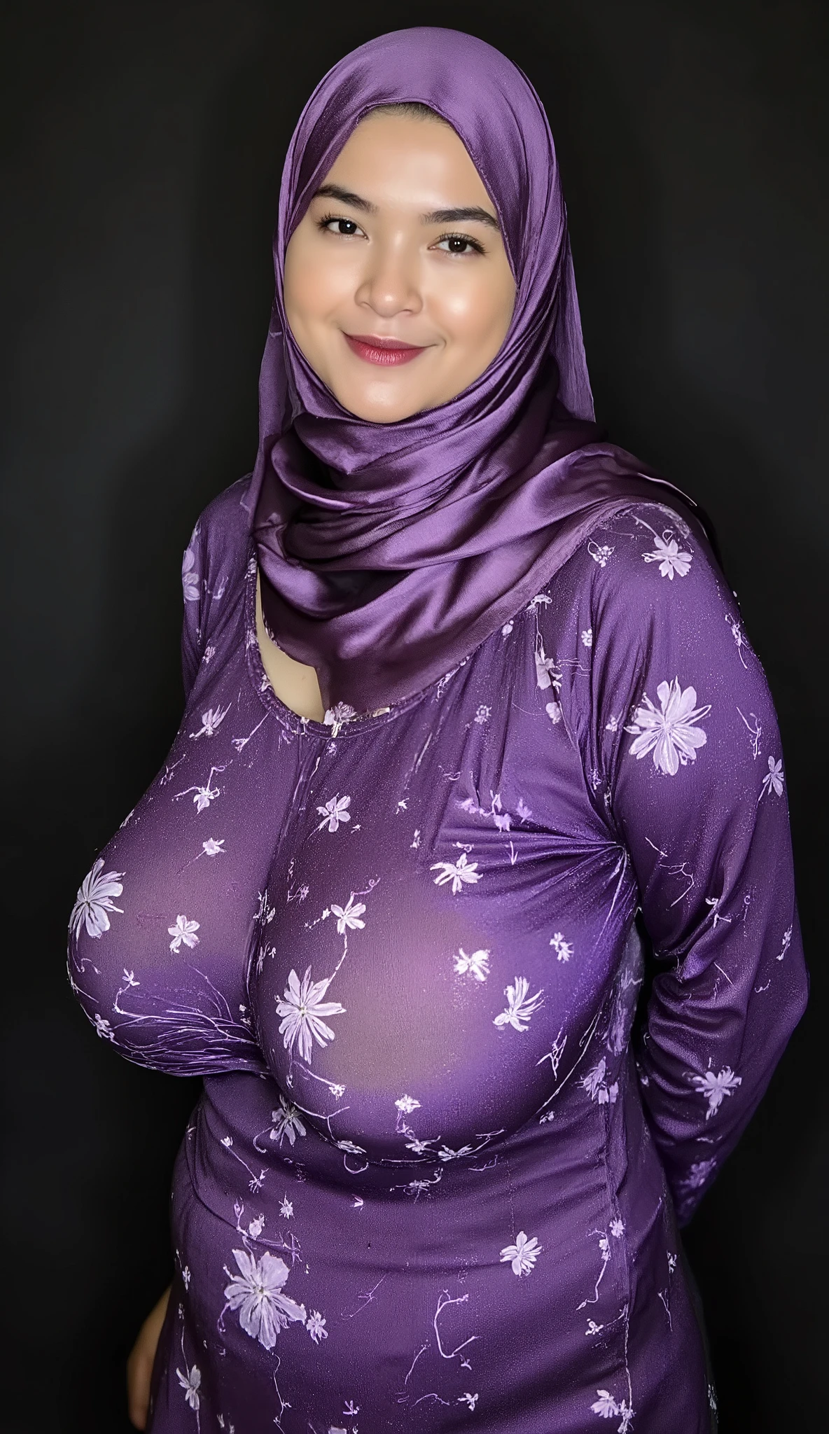 Luna Maya, slim faces, (RAW photo:1.2), (photorealistic:1.4),(masterpiece:1.3),(best quality:1.4),ultra high res,(detailed eyes),(detailed facial features),(detailed clothes features),HDR,8k resolution, skin tight, (((high detailed skin,visible pores))),1 girl, tall body, slim faces, body abs:1.2, 30 years old, muslimah, firm round breast:1.4, uplift nipples, wearing tight close beie pastel floral silk malay gamis abaya with hijab shawl covering her breasts, full body, beautiful shy smile, wearing high heels