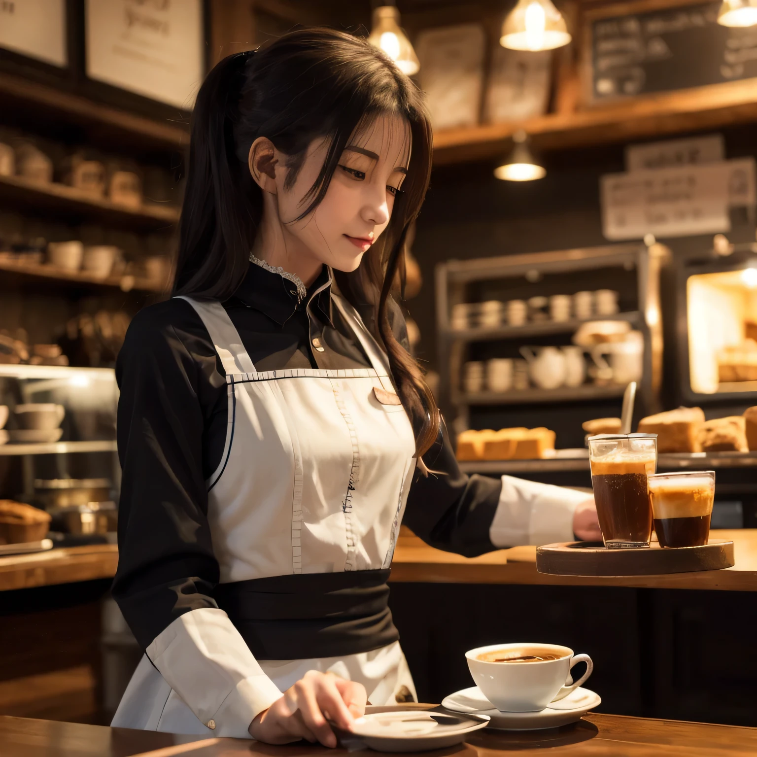 A girl is working as a waitress in a cozy cafe. She's wearing a classic maid outfit. The air feels warm and calm, and it's like you can almost smell the coffee through the picture. long hair, dark hair, dark eyes.