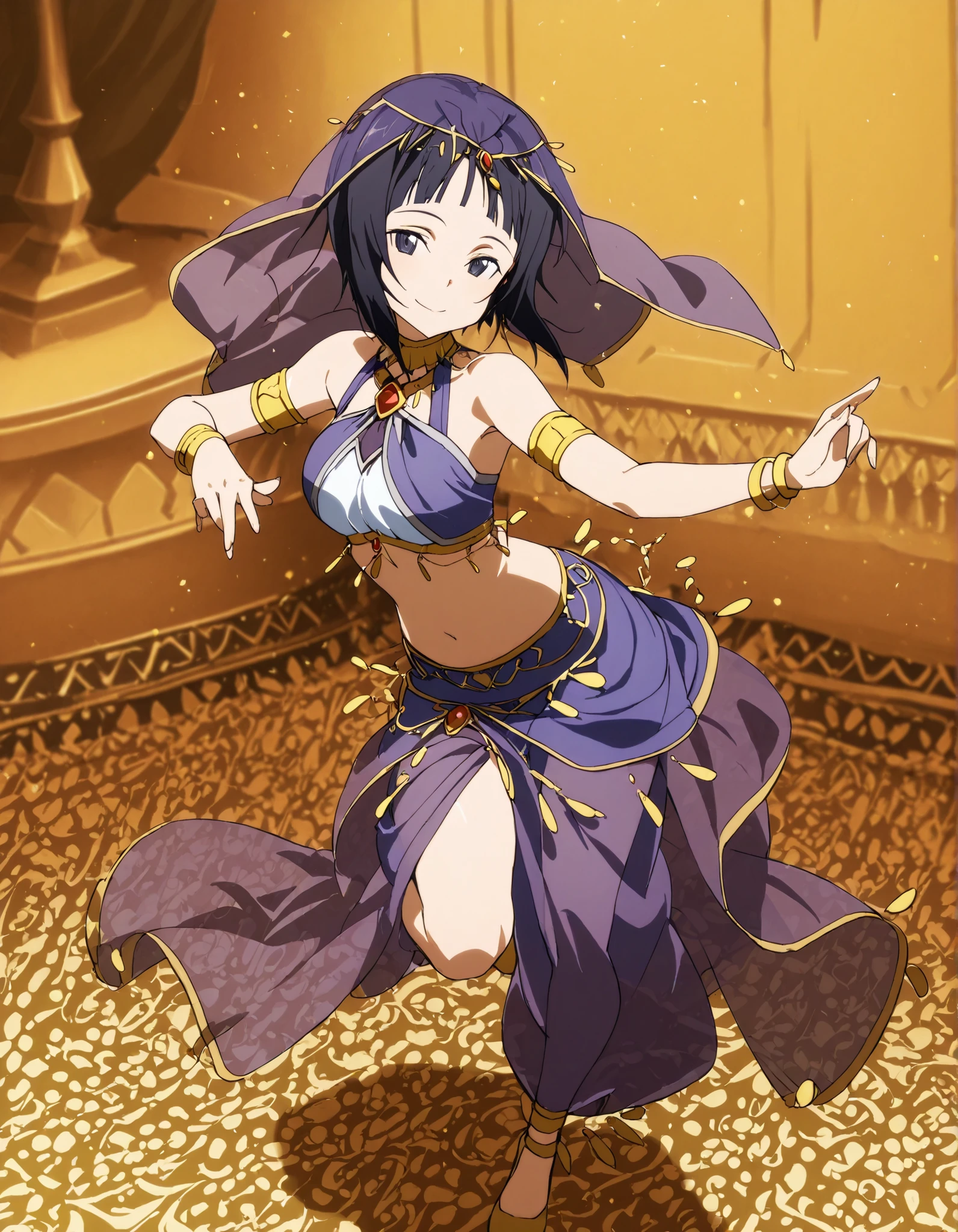 (1girl:1 . 5) , (Seul:1 . 5) , score_9 , score_8_haut , score_7_haut , source_anime , Official work  , ultra-detailed , masterpiece , best quality selfie snapshot , high resolution , beaux yeux , detailed eyes , detailed face , beautiful detailed eyes ,Sword art Online,Sachi,Arabian Clothes , Arabian Dancer ,belly dancer costume ,full body,golden jewelery,armlet, belly dancing,arabian theater,seductive smile, dancing with veil, dynamic movement,dance posture, seductive pose