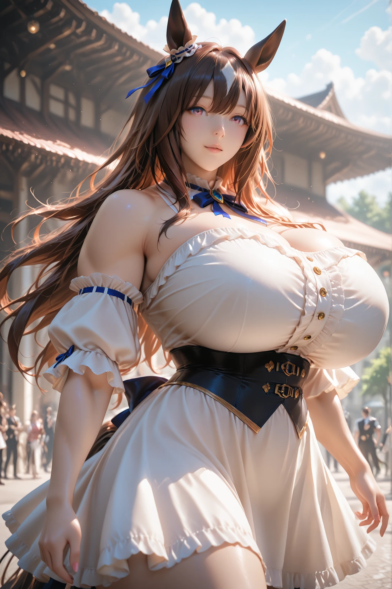 1girl,semirealistic,umamusume,enormous gigantic muscle,huge breasts,maidcostume