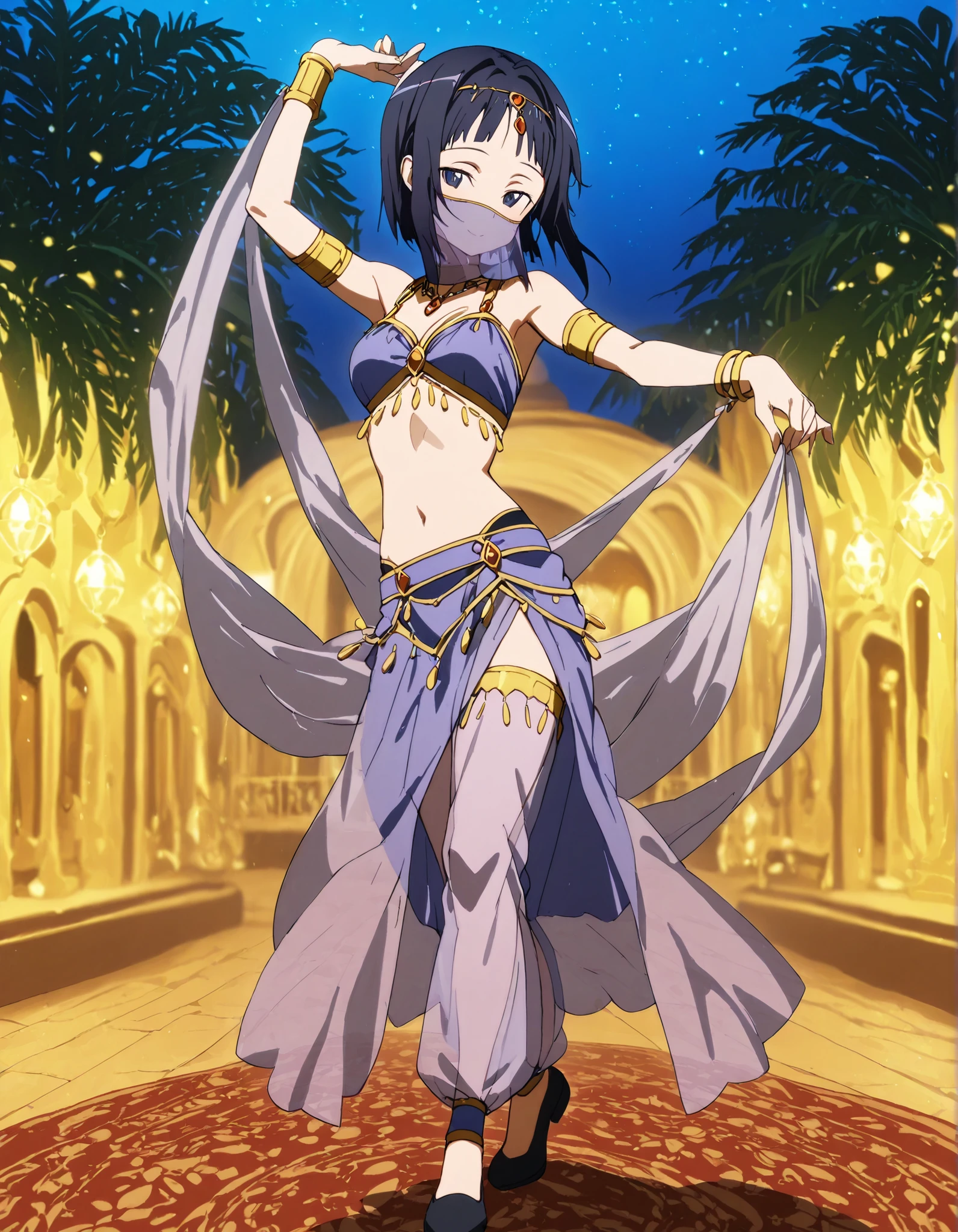 (1girl:1 . 5) , (Seul:1 . 5) , score_9 , score_8_haut , score_7_haut , source_anime , Official work  , ultra-detailed , masterpiece , best quality selfie snapshot , high resolution , beaux yeux , detailed eyes , detailed face , beautiful detailed eyes ,Sword art Online,Sachi,Arabian Clothes , Arabian Dancer ,belly dancer costume ,full body,mouth veil, golden jewelery,armlet, belly dancing,night,arabian garden,seductive smile, dancing with veil, dynamic movement,dance posture, seductive pose