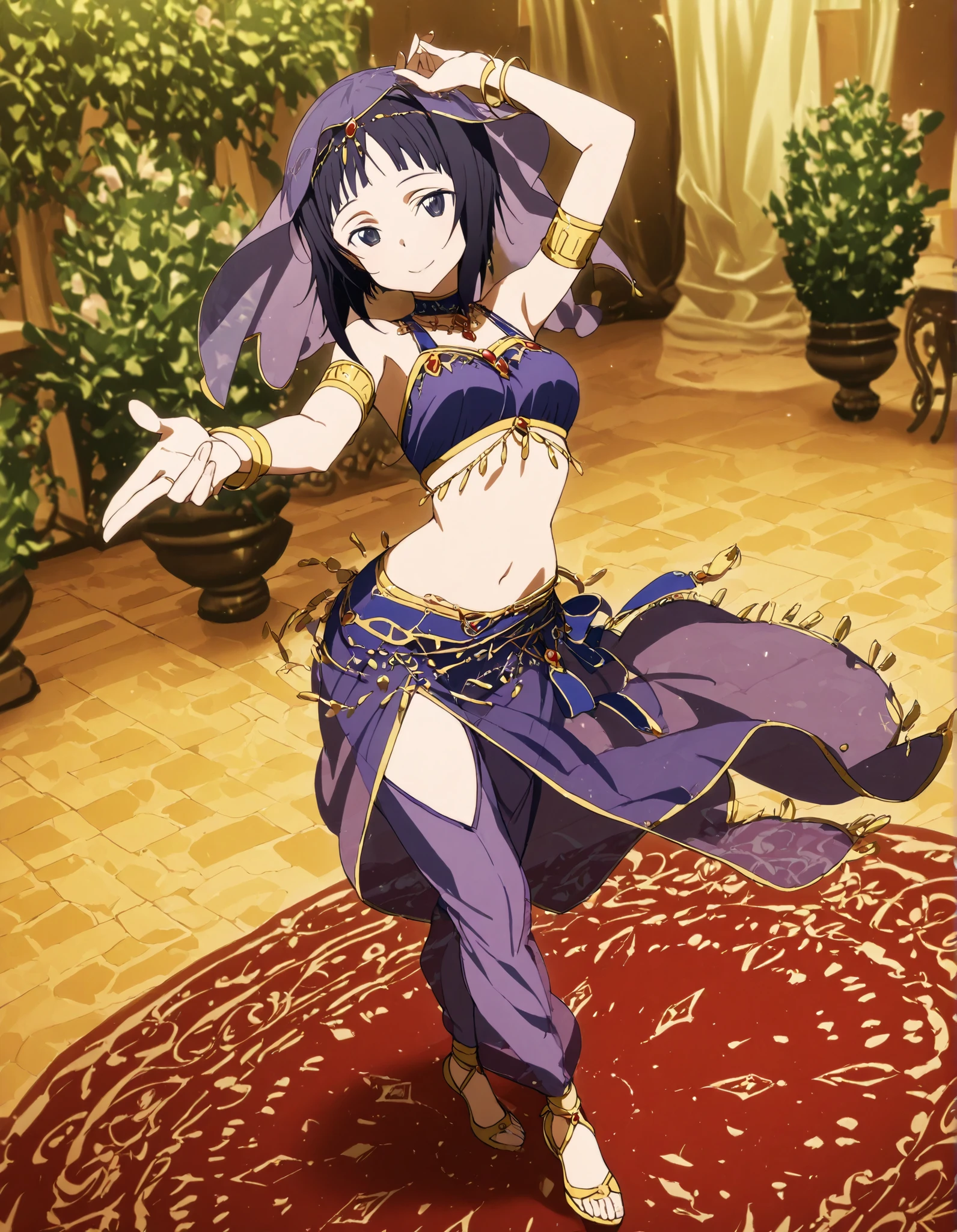 (1girl:1 . 5) , (Seul:1 . 5) , score_9 , score_8_haut , score_7_haut , source_anime , Official work , ultra-detailed , masterpiece , best quality selfie snapshot , high resolution , beaux yeux , detailed eyes , detailed face , beautiful detailed eyes ,Sword art Online,Sachi,Arabian Clothes , Arabian Dancer ,belly dancer costume ,full body,golden jewelery,armlet, belly dancing,arabian garden,seductive smile, dancing with veil, dynamic movement,dance posture, seductive pose