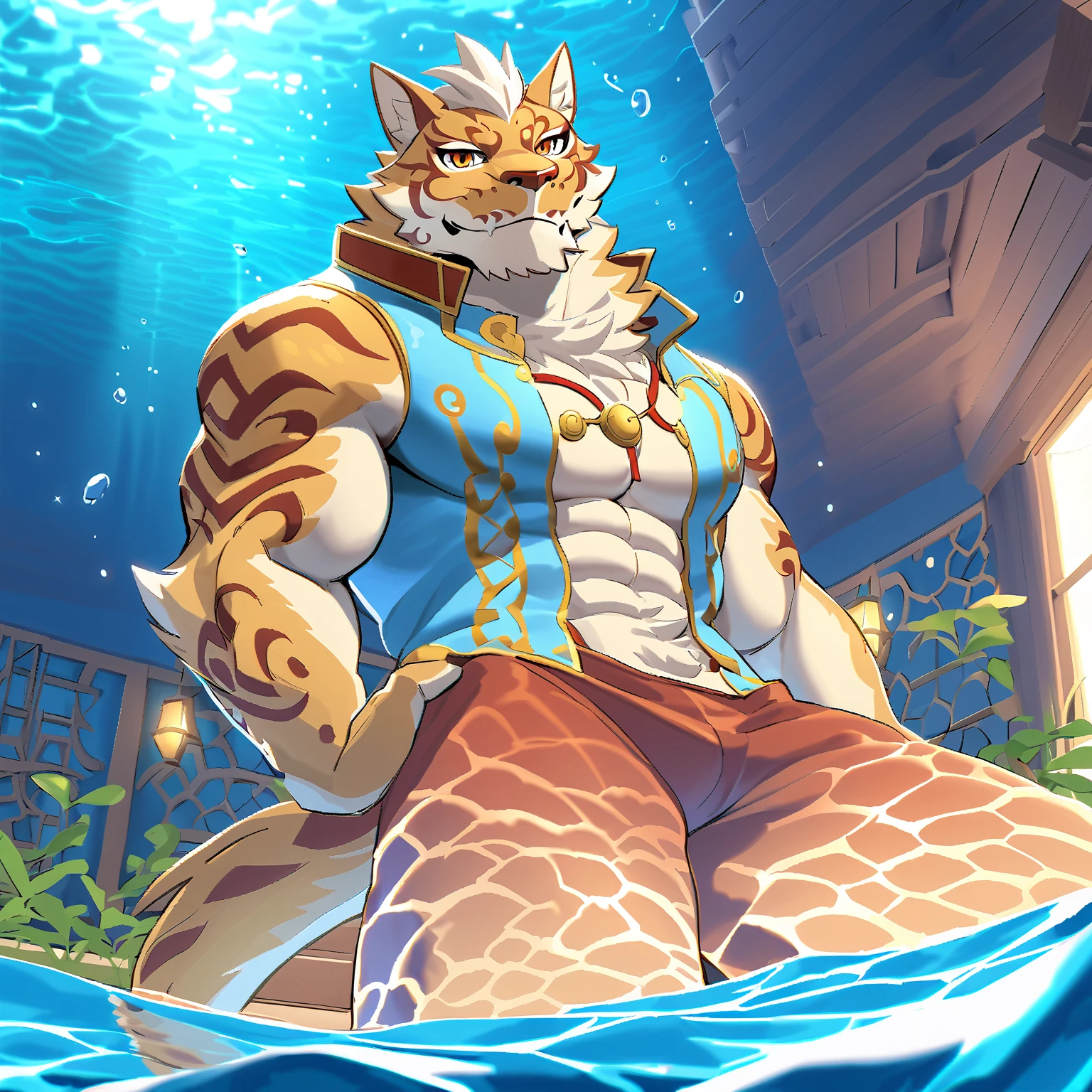 ChenHu, solo, tiger, (light orange fur), blue eyes, (white hair, short hair), (black eye patch, cover one eye, cover right eye), (detailed face, detailed eyes, detailed), mature male, muscular male, masterpiece, best quality, nude, short, nipple, smile, (underwater), bulge, bubble, air bubble, dark shadows, wide dynamic range, hdr, low light:1.2, <lora:Chen Hu:1>