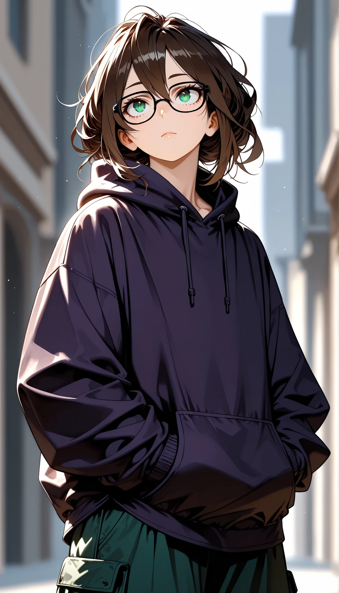 solo, half body, {((man)), my hero academia, ((mature:9)), otoko no ko, toned body, ((dark brown hair)), short messy hair, hair in face, hair between eyes, light skin, ((green eyes)), black framed glasses, confident expression, wearing dark purple oversized hoodie, baggie black cargo pants, standing, hands in pockets, looking up}, [BREAK] blurred background, white background, [BREAK] general, masterpiece, masterwork, best quality, highres, cinematic composition, ultra-detailed fabric textures, eyeshd, high gradient eyes, detailed eyes, photoreal semi-cinematic style, perfect hands