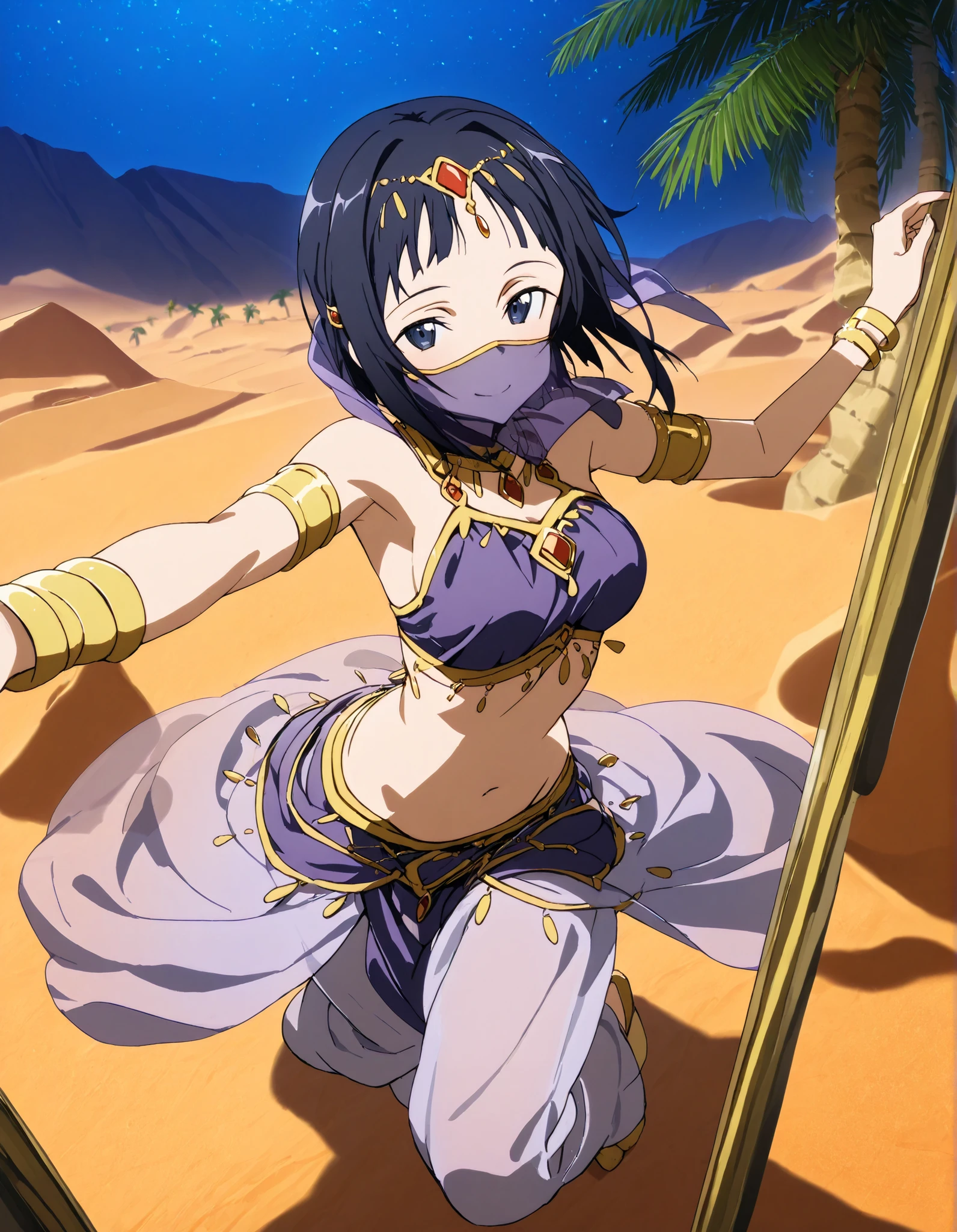 (1girl:1 . 5) , (Seul:1 . 5) , score_9 , score_8_haut , score_7_haut , source_anime , Official work  , ultra-detailed , masterpiece , best quality selfie snapshot , high resolution , beaux yeux , detailed eyes , detailed face , beautiful detailed eyes ,Sword art Online,Sachi,Arabian Clothes , Arabian Dancer ,belly dancer costume ,full body,mouth veil, golden jewelery,armlet, belly dancing,night,desert lands,palm tree,seductive smile, dancing with veil, dynamic movement,dance posture, seductive pose