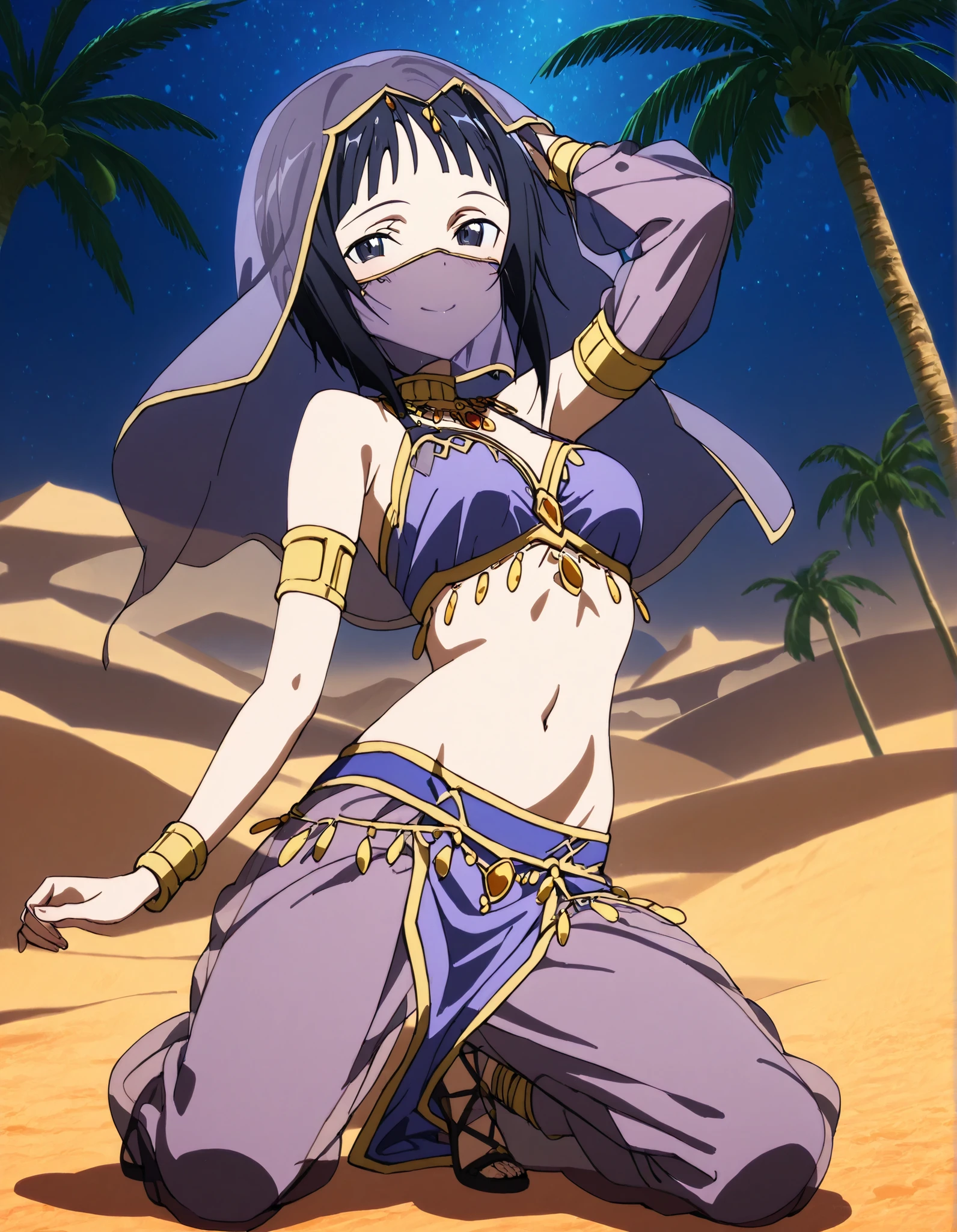(1girl:1 . 5) , (Seul:1 . 5) , score_9 , score_8_haut , score_7_haut , source_anime , Official work  , ultra-detailed , masterpiece , best quality selfie snapshot , high resolution , beaux yeux , detailed eyes , detailed face , beautiful detailed eyes ,Sword art Online,Sachi,Arabian Clothes , Arabian Dancer ,belly dancer costume ,full body,mouth veil, golden jewelery,armlet, belly dancing,night,desert lands,palm tree,seductive smile, dancing with veil, dynamic movement,dance posture, seductive pose