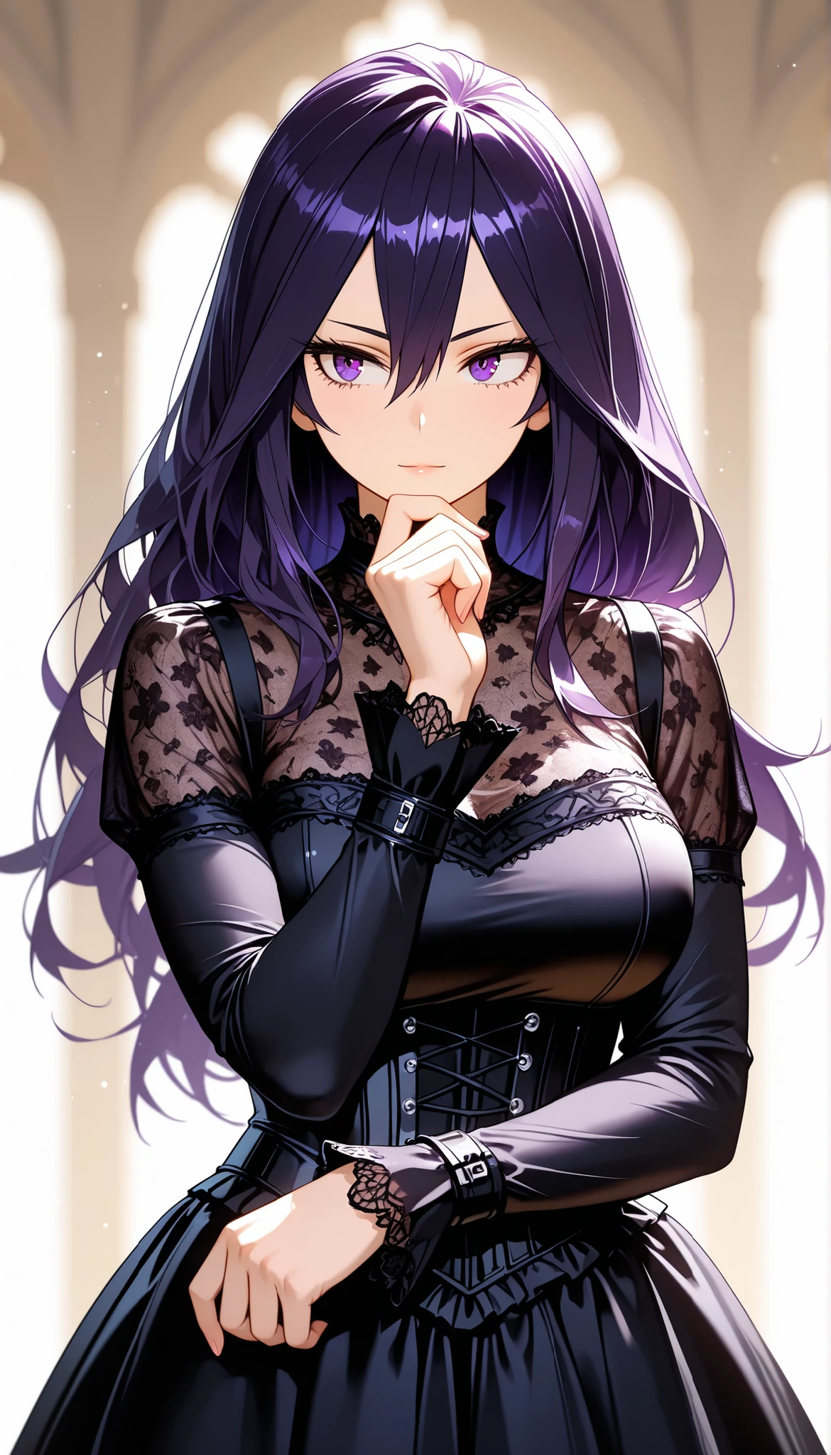 solo, half body, {((female)), my hero academia, ((mature:9)), toned body, large breast, ((dark purple hair)), long hair, hair in face, hair between eyes,, light skin, ((purple eyes)), confident expression, wearing gothic black lace dress with corset, standing, hand on chin, looking off to the side}, [BREAK] blurred background, white background, [BREAK] general, masterpiece, masterwork, best quality, highres, cinematic composition, ultra-detailed fabric textures, eyeshd, high gradient eyes, detailed eyes, photoreal semi-cinematic style, perfect hands