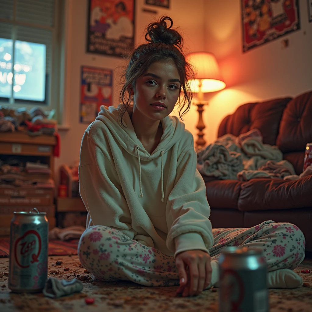 8k, highest quality, ultra details, hispanic girl, enjoying a movie night at home, surrounded by cozy blankets and snacks, relaxation and entertainment.