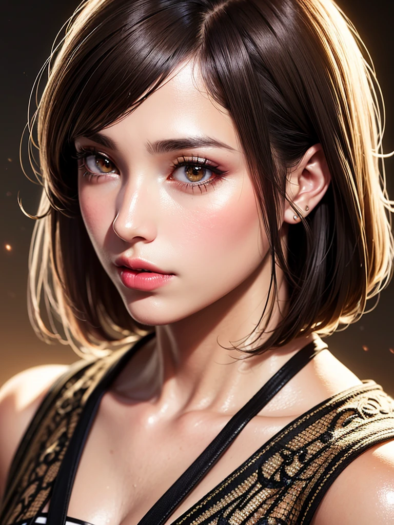 master piece, seulement, highly detailed, Ultra-detailed, ultra highres, (photoreallistic: 1.333), (beste-Qualit), (meilleure ombre), detailded, perfect  lighting, dark brown hair, [taches de rousseur du visage], (Yeux verts), collier, smoked makeup, gros plan, portrait, Determined look, taches de rousseurs, Photograpie professionnelle, realistic portrait, beauty spot