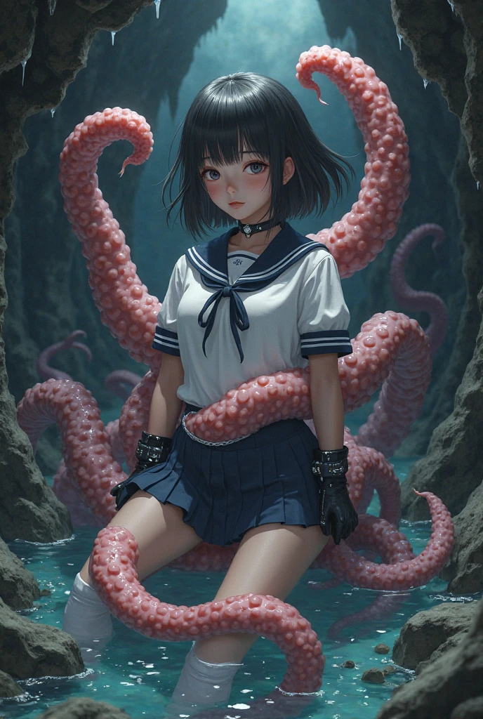 one girls、obscenity、Metamorphosis、small head、Long black hair、poneyTail、big eye、Red eyes、red blush、Tears、tongue、Desperate look、,tears、Black shorts、white tank tops、Tentacles are touching the crotch、Tentacles are touching the buttocks、Super giant octopus、under the water、