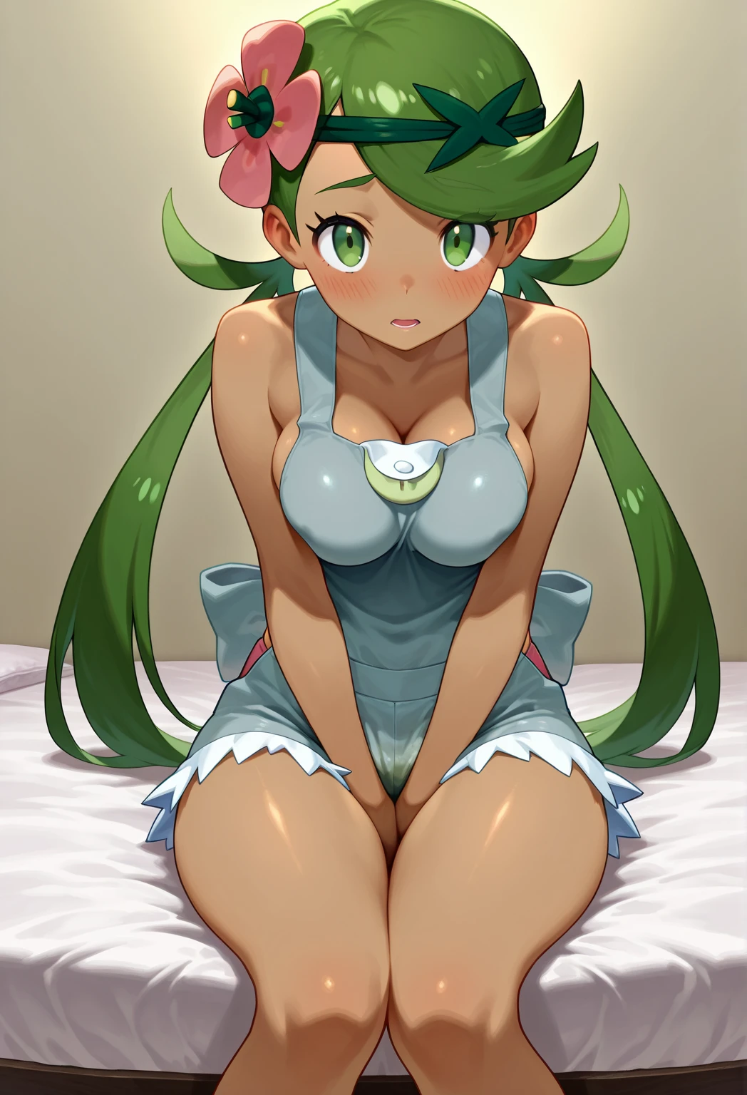 masterpiece, best quality, absurdres, , (curvy), cute, eyelashes,      vivid colors,   BREAK,  ,,,   zzMallow, green hair, green eyes, hair flower, hair ornament, grey overalls, pink shirt, sleeveless, grey shorts, <lora:MallowPokemonIXL_e09:1.0>,  ,,, spreading legs, hand on lap, blush, smug,  ,,,  smile, looking at viewer, blush, blurry, couch, sitting, shiny skin,