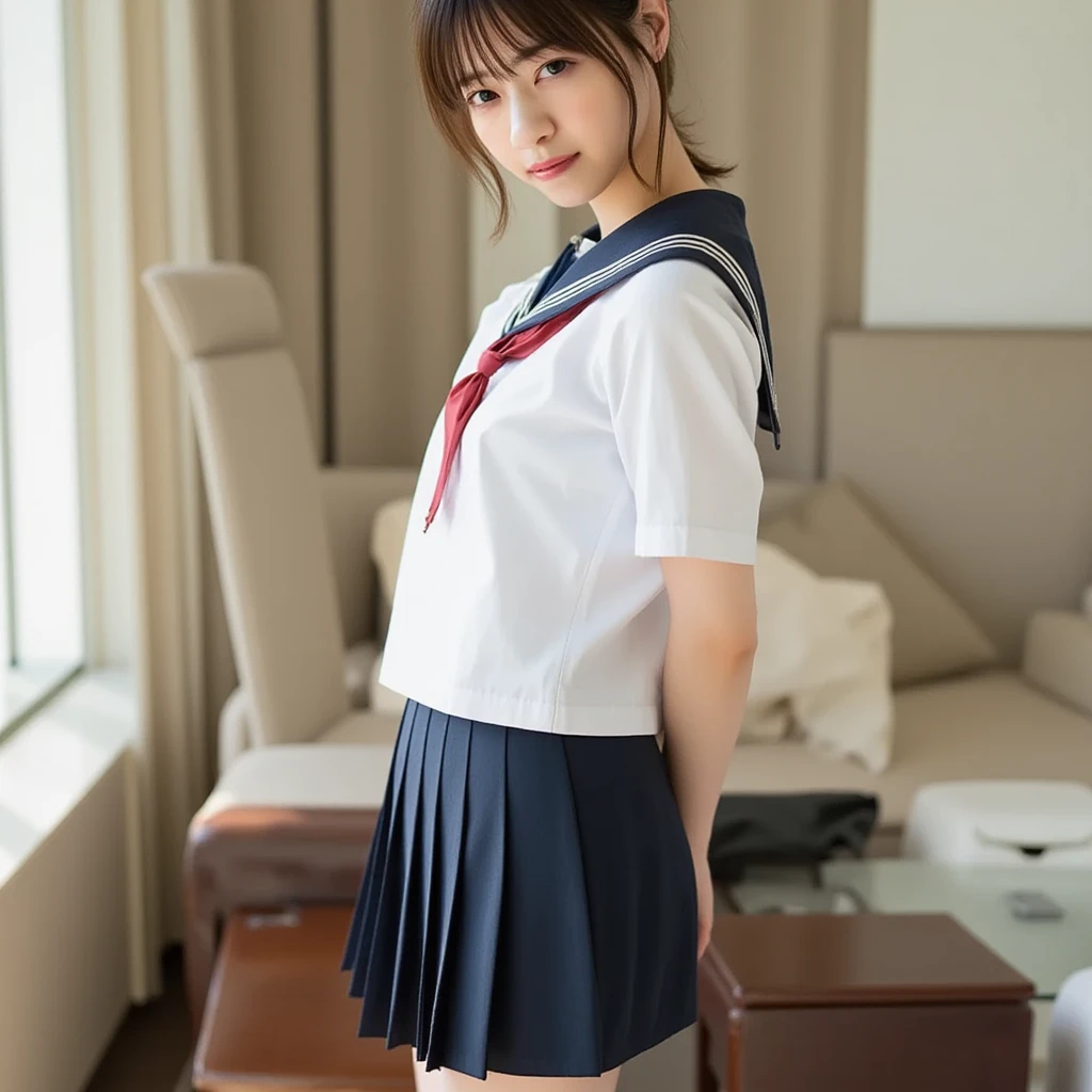 (masutepiece, Best Quality:1.2), 8K, Official art, Raw photo, unbelievable Ridiculous、Fulll body Shot、 (Upper body, Sailor Uniform, serafuku:1.4), Beautiful Girl, Pretty Face, bob cut hair、arching back down, (Navy pleated skirt:1.1), close up, School uniform, Short sleeve, gardenia, violaceaess, Teen, Street, Looking at Viewer, No makeup, Sitting upright on the bed、Film grain, chromatic abberation, Sharp Focus, face lights, Dynamic lighting, Cinematic lighting, Eyes and faces with detailed, ((Love hotel bedroom)),(((Full body:1.4))),
