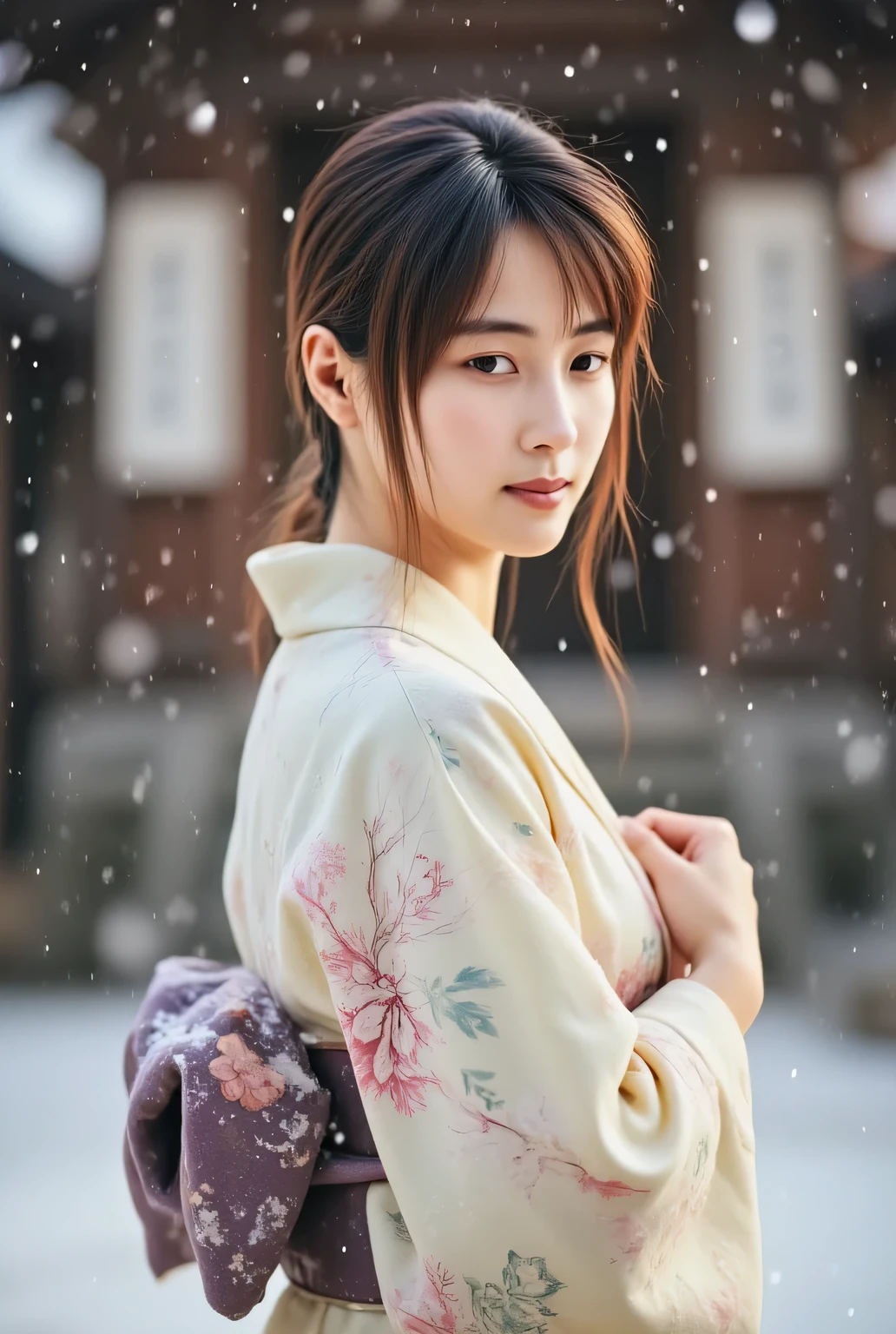 Masterpiece, wearing Japanese traditional kimono, A Japanese woman in a kimono stands gracefully at a snow-covered shrine. Snow gently falls around her, covered in a thin layer of snow, spiritual atmosphere, ((upper body)), Dutch angle, looking back and looking at viewer, over the shoulder, gentle smile, soft natural light, beautiful lighting, 50mm lens, shallow depth of field