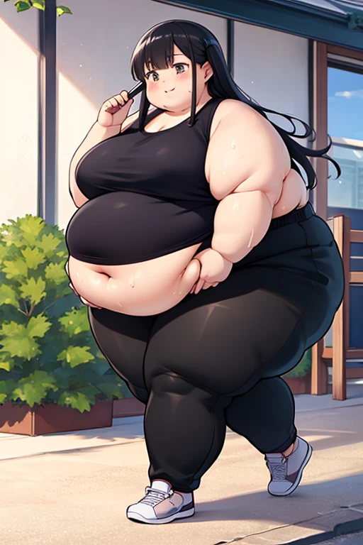 Cherry red skin all over, Thicc, extremely morbidly obese, white and black hair ((wearing)), black 50s glasses, white tanktop, black leggings, voluptuous, feminine boy, femboy, perfect hands, perfect face, smile, (anatomically correct), (Perfect/ realistic proportions:1.2), (overwhelmingly fat arms, obese face), arm up, ((extremely widest hips possible!)), ((extremely massive thick thighs, morbidly large belly), belly overhang!)), (1080P, 4k UHD, Masterpiece:2.1!) ((single)), background: tilted towers_fortnite