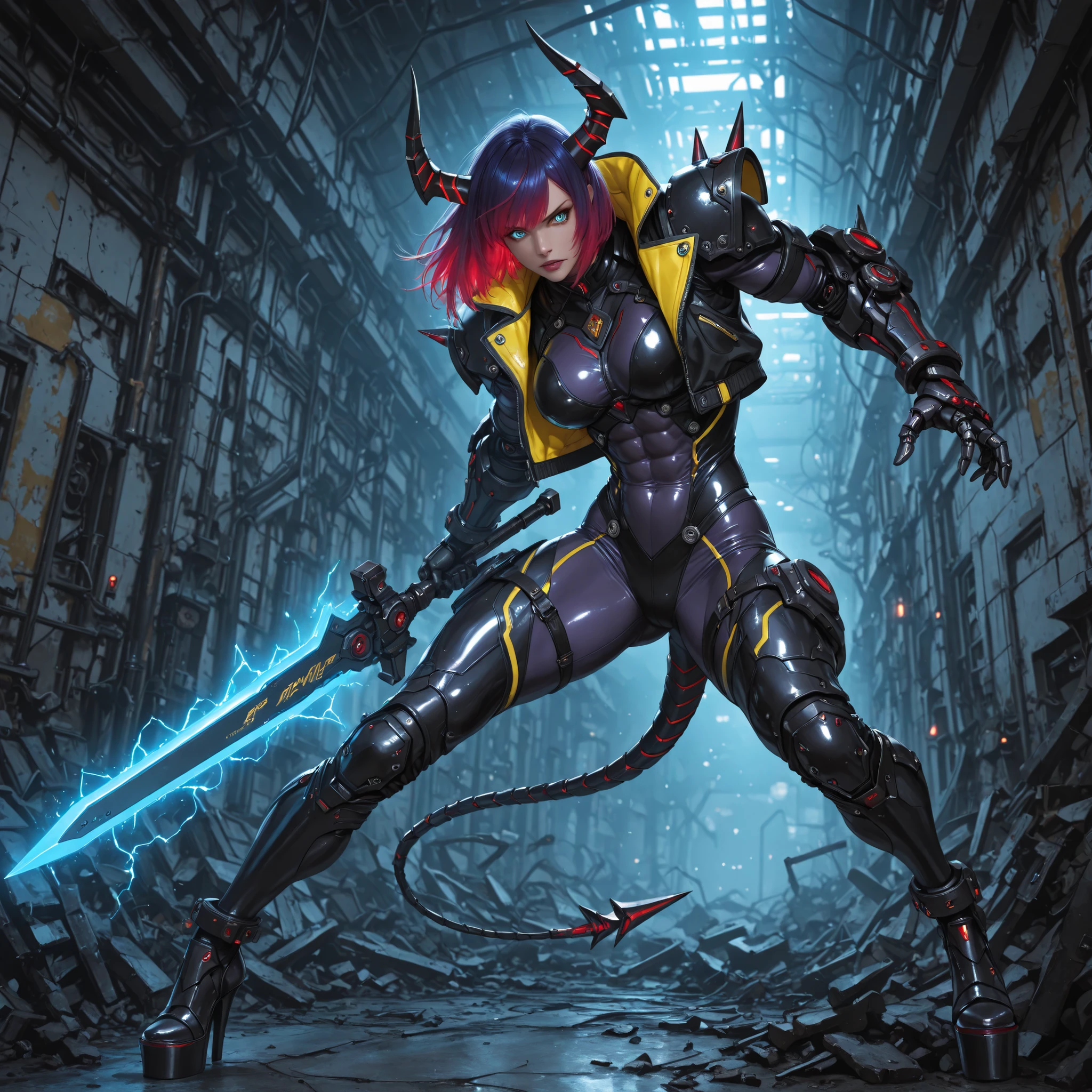 brave perspective, 8k, (high quality), detailxl , masterpiece, ultra realistic, detailed face, (beauty face), pallid skin, dark makeup, (hyper-detailed cyber-fantasy style), (gritty textures), (vivid color palette:1.1), high contrast, dynamic lighting, moderate saturation, (mood: apocalyptic intensity, feral dominance), 1girl,,, ((glowing electric blue eyes)),,, black sclera,,, wild crimson hair with neon lilac streaks, ((short A-line Bob hair)),,, hyper-muscular body,,, veined with synthetic enhancements, Techno-Berserker, cybernetic arms with plasma veins, cropped tech bodysuit showing abs; bodysuit colors: dark purple and yellow details.
Short open jacket with tattered edges in a vivid purple color with shiny gloss leather texture.
Armored leggings, obsidian pauldrons and gauntlets, obsidian platform heels shaped like hooves, curved mechanical horns with plasma cracks, segmented whip tail with razor edges; obsidian parts in dark metal and gray-purple sheen color, neon plasma light effects.
dynamic twisted torso stance, foreshortened legs apart, holding weapon, mid-swing.
(weapon: large futuristic great sword, glows neon yellow plasma color with unstable power, radiating waves of violent energy, slicing through the air with terrifying precision) (dynamic yellow plasma lighting around weapon only).
background: Futuristic Lab destroyed in ruins, shattered glasses walls, plasma cut marks in the walls, emergency sirens flashing red in the place, a mount of war robots destroyed by plasma razor in the ground.