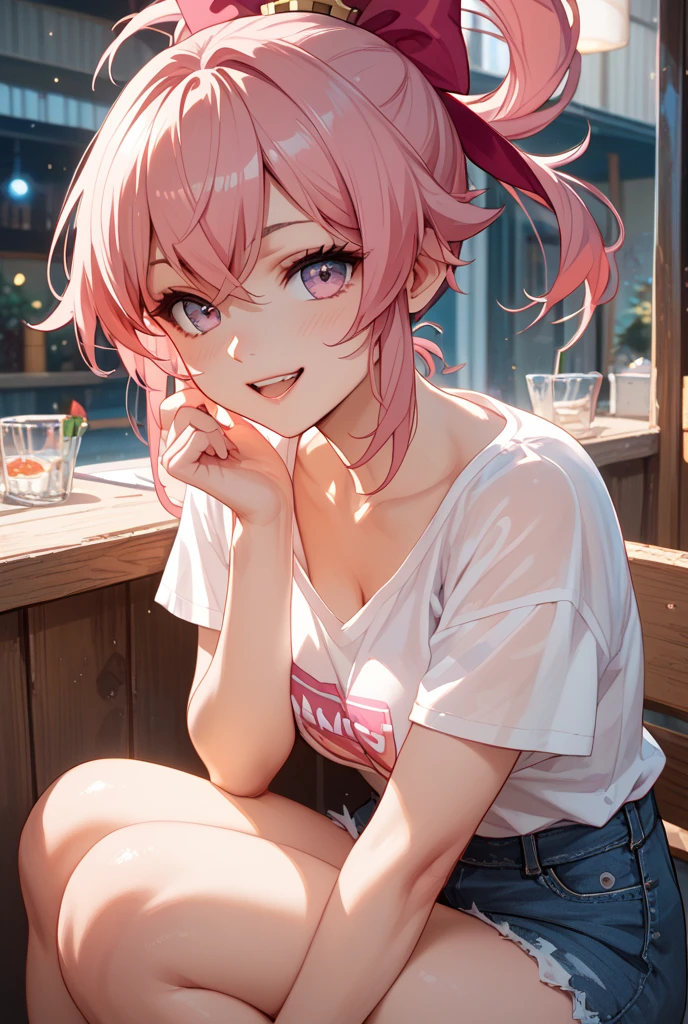(8K、Top image quality、top-quality、​masterpiece)、A detailed face、1 girl in、A pink-haired、short hair、blunt bangs,、twintails、wavy hair、black eyes、piercings、smirk grin、Moderately breasts、Pink ruffled clothing、off shoulders、a black ribbon、Black pleated skirt、a miniskirt、White Socks、Leather shoes、Thick bottom、squatting、hands on own face、((pink panties))、Taken from below、Downtown background at night