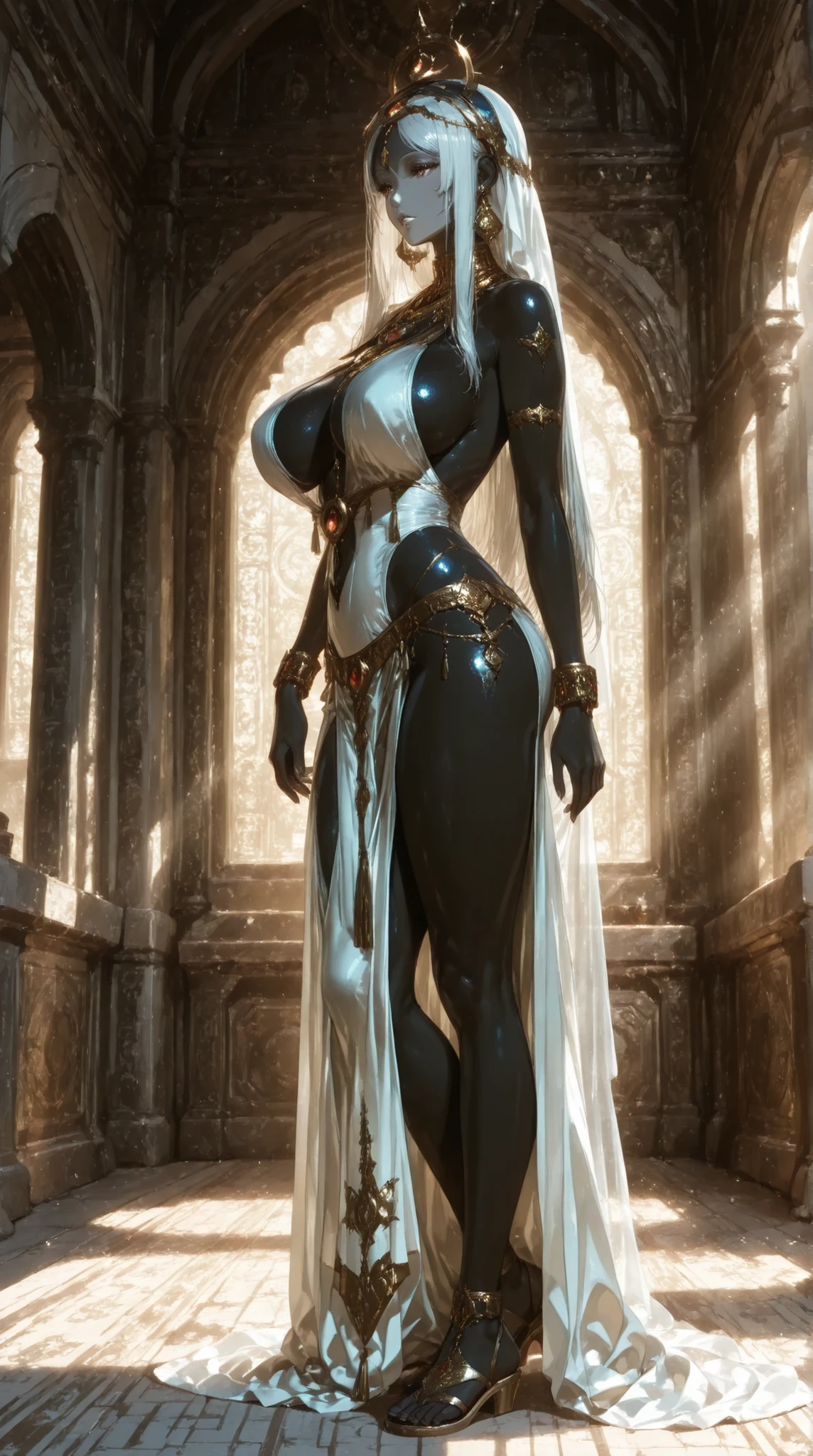 white long straight hair ,Ink black skin,big boobs,Mature Woman,, Indian costume ,Bare Arms Slim Body,Loin cloth,bare thighs , sandals,veil,Inside Indian Temple,Earrings Standing Full Body,White Lips ,bracelet,Gold Necklace, third eye ,Sunlight,Make-up