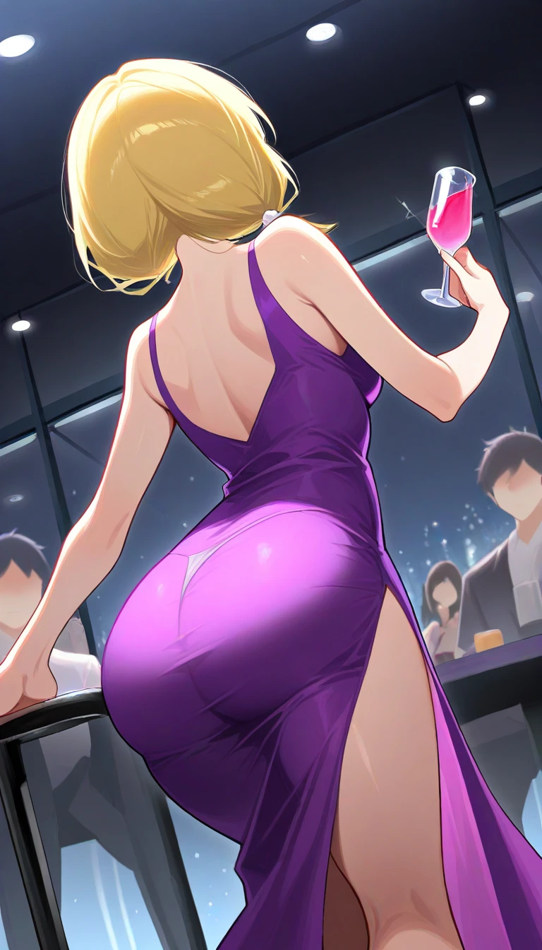 8K,absurdres,very aesthetic,masterpiece,highly_detailed,best_quality,newest,1girl,dutch_angle,ass_focus,short_hair,blonde,visthong,talking_to_another,1boy,faceless_male,dress,nightclub,dancing,holding_wineglass,<lora:Visible Thong [ILLUSTRIOUS]_epoch_2:0.8>,
