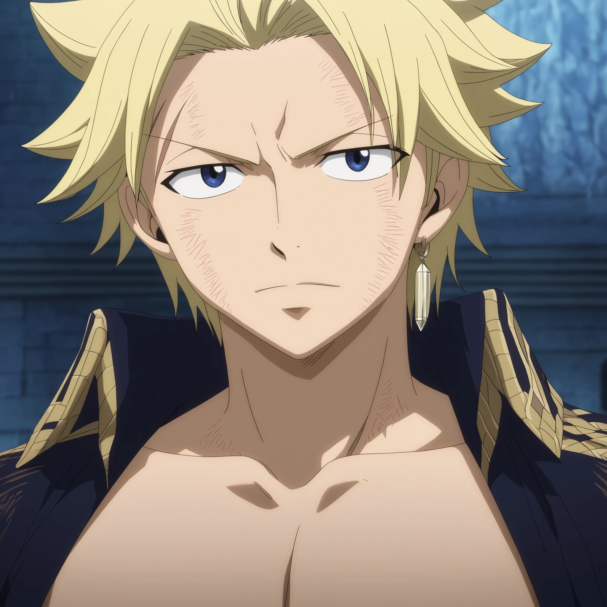score_9, score_8_up, score_7_up, source_anime, StingFT, Sting blonde hair, light yellow Sting, 1boy, male focus, anime screencap, official style, intricate details, open silk black robe, detailed face, front view, Frontal portrait, looking at viewer, background with soft shadows, soft blue lighting highlighting his features, high-quality anime details, vivid colors, official style, sting eucliffe-1male focus, blonde_sting eucliffe_hair, brown_sting eucliffe_single scar, blue_sting eucliffe_eyes, light yellow_sting eucliffe_single earring, 1boy, male focus, anime screencap, official style, intricate details, detailed face, background with soft shadows, soft blue lighting highlighting his features, high-quality anime details, vivid colors,