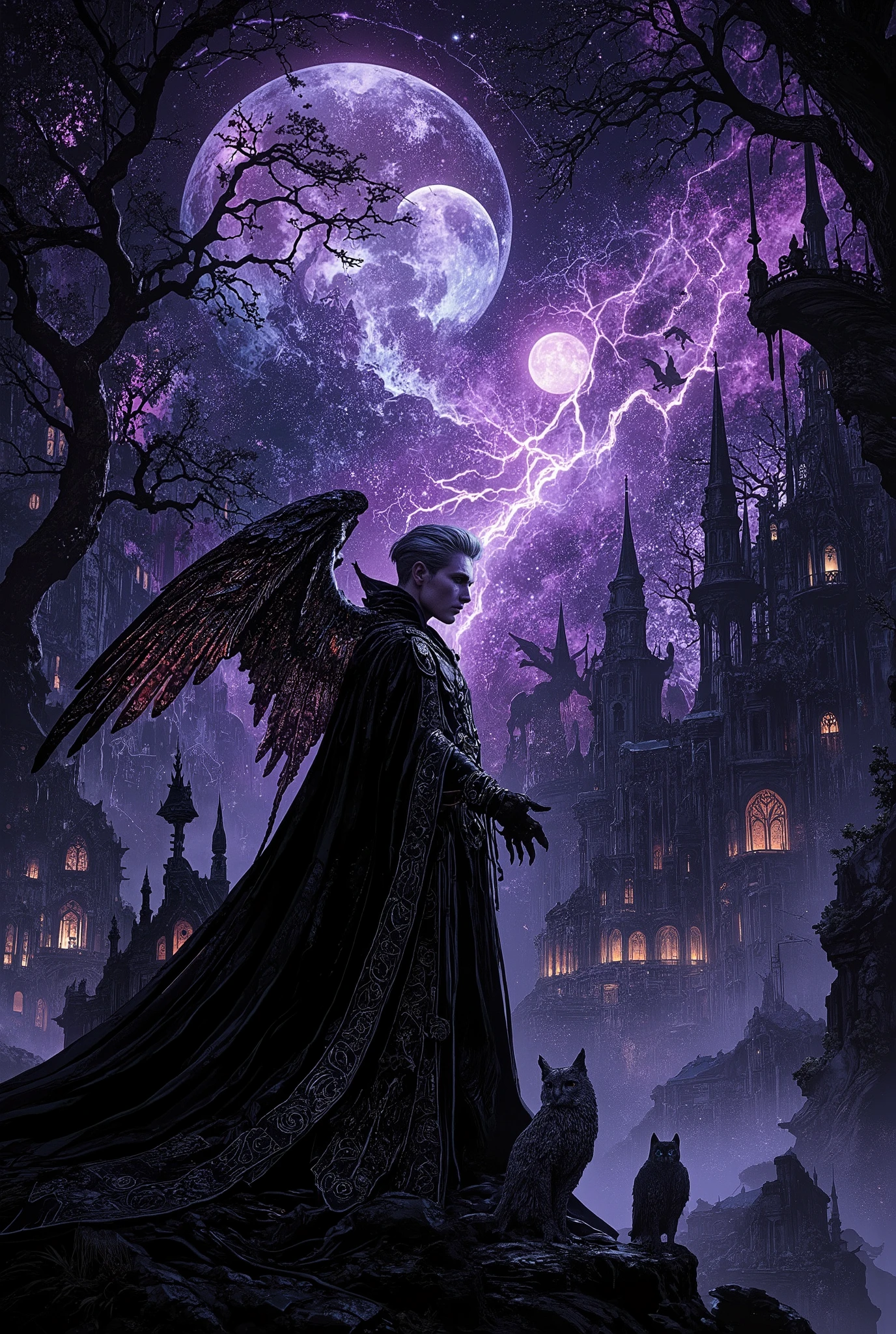 A transcendent portrait of an illuminated Dark Lord rendered in baroque gothic splendor, his perfectly trimmed silver hair swept back in aristocratic waves from noble temples, the short precise cut emphasizing his sharp cheekbones and strong jaw, creating a regal silhouette against the cosmic void. Ancient owls perch as eternal sentinels throughout the scene - massive horned owls with eyes of molten gold and midnight-black barn owls with crystalline feathers, their wings spanning impossible lengths, some rendered as living constellations while others manifest as ethereal guardians wreathed in purple flame. His commanding form stands against a backdrop of impossible architecture - twisted spires of primordial obsidian reaching skyward like frozen lightning, where owl-shaped gargoyles watch with knowing eyes, each surface carved with pre-human glyphs that pulse with violet light. His blazing indigo eyes hold the weight of epochs, while his refined features suggest both timeless power and youthful intensity, dressed in ornate black velvet robes with astronomical patterns that shift and move of their own accord. Eldritch energy coils around his sleek frame in spirals of deep purple and midnight blue, his elegant hands conducting cosmic forces like an orchestra of shadow, while spectral owls circle overhead in perfect geometric patterns. The bastion beneath him defies mortal geometry - floating staircases of elder stone, archways that lead to other dimensions, fountains flowing with liquid darkness. Stylized wolves rendered in art nouveau curves stand alongside the owl sentinels as eternal guardians, their forms more symbol than flesh, while shadow-panthers move like living hieroglyphs across walls older than time. The sky above is a kaleidoscope of celestial bodies - countless moons in phases that never existed on Earth, constellations forming owl-wing patterns that tell stories of the first night. Ancient trees below twist in impossible helixes, their branches forming Celtic knots against the star-filled void, hosting perches for the wisdom-bearing owls. Every element flows with the curved grace of Alphonse Mucha meeting the cosmic horror of Beksinski, the scene captured in ultra-detailed 8k with deep chiaroscuro emphasizing the dramatic contrast between light and shadow, rendered in a style that merges art nouveau decorative elements with eldritch baroque architecture