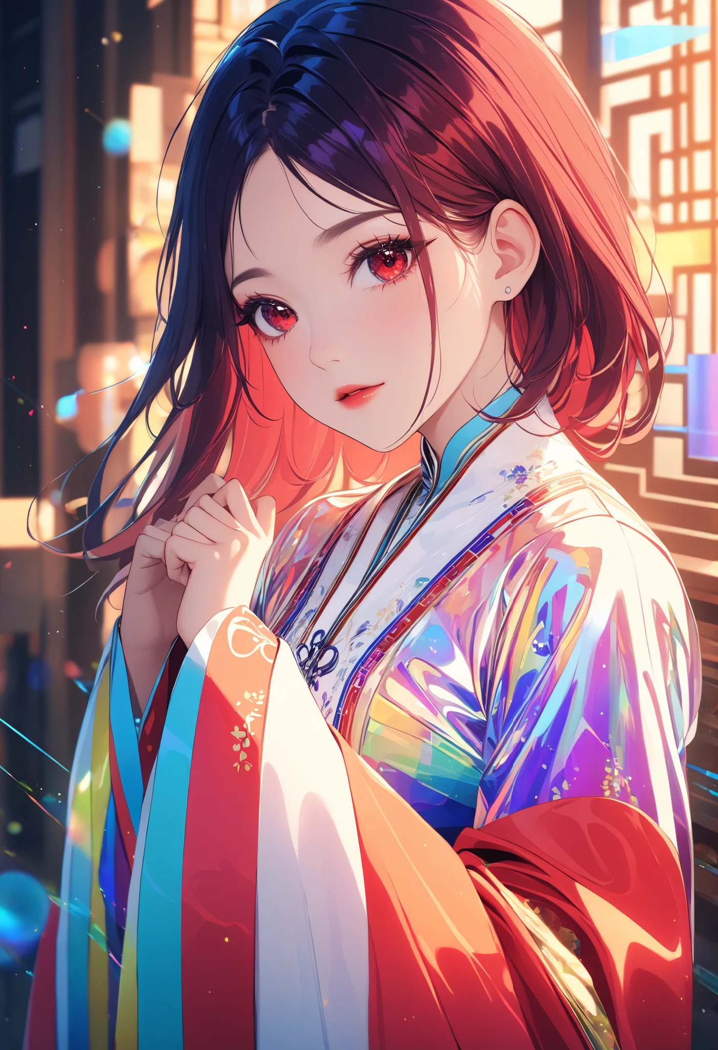 (masterpiece, best quality:1.3), 1girl, detailed face, red eyes, beautiful detailed lips, long eyelashes, delicate facial features, expressive face, detailed skin texture, vibrant colors, cinematic lighting, soft focus, prismatic, holographic,chromati caberration, transparent colorvinyl clothing, (nhat binh clothing, long sleeves, wide sleeves), lens_flare, colorful, Glitch lettering, art, abstractart, geometry, clearlines, squares, bright, limited palette,{canonicalcomposition},neat diagonal,{limited palette},flat colored