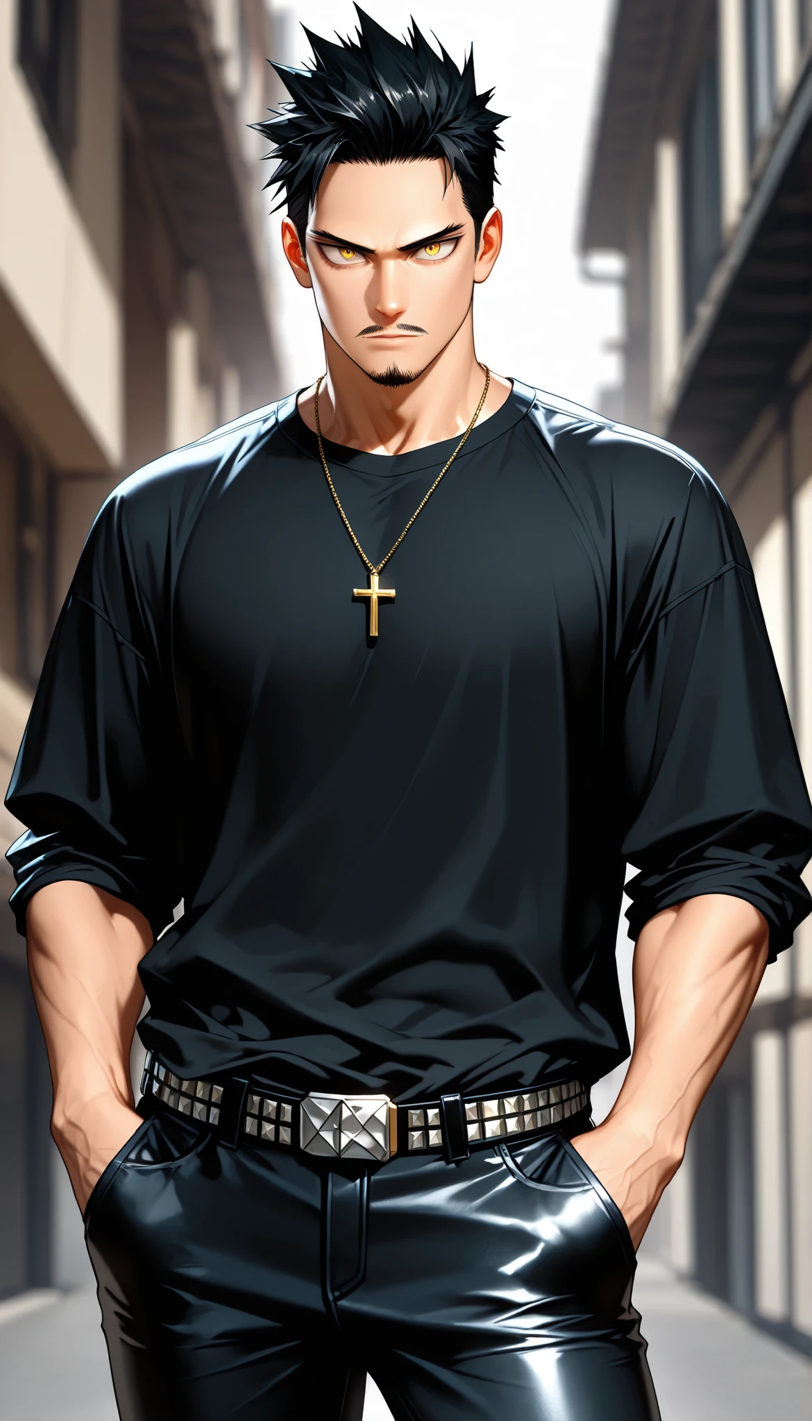 solo, half body, {((male)), my hero academia, ((mature:9)), toned body, muscular, ((black hair)), clean short hair, sleek back hair, light skin, ((yellow eyes)), facial hair: goatee and mustache, sideburns, confident expression, necklace, cross necklace, studded baraclet, wearing a untucked black tshirt, untucked shirt, black leather jeans, studded belt, hands in pockets, looking at viewer}, [BREAK] blurred background, white background, [BREAK] general, masterpiece, masterwork, best quality, highres, cinematic composition, ultra-detailed fabric textures, eyeshd, high gradient eyes, detailed eyes, photoreal semi-cinematic style, perfect hands