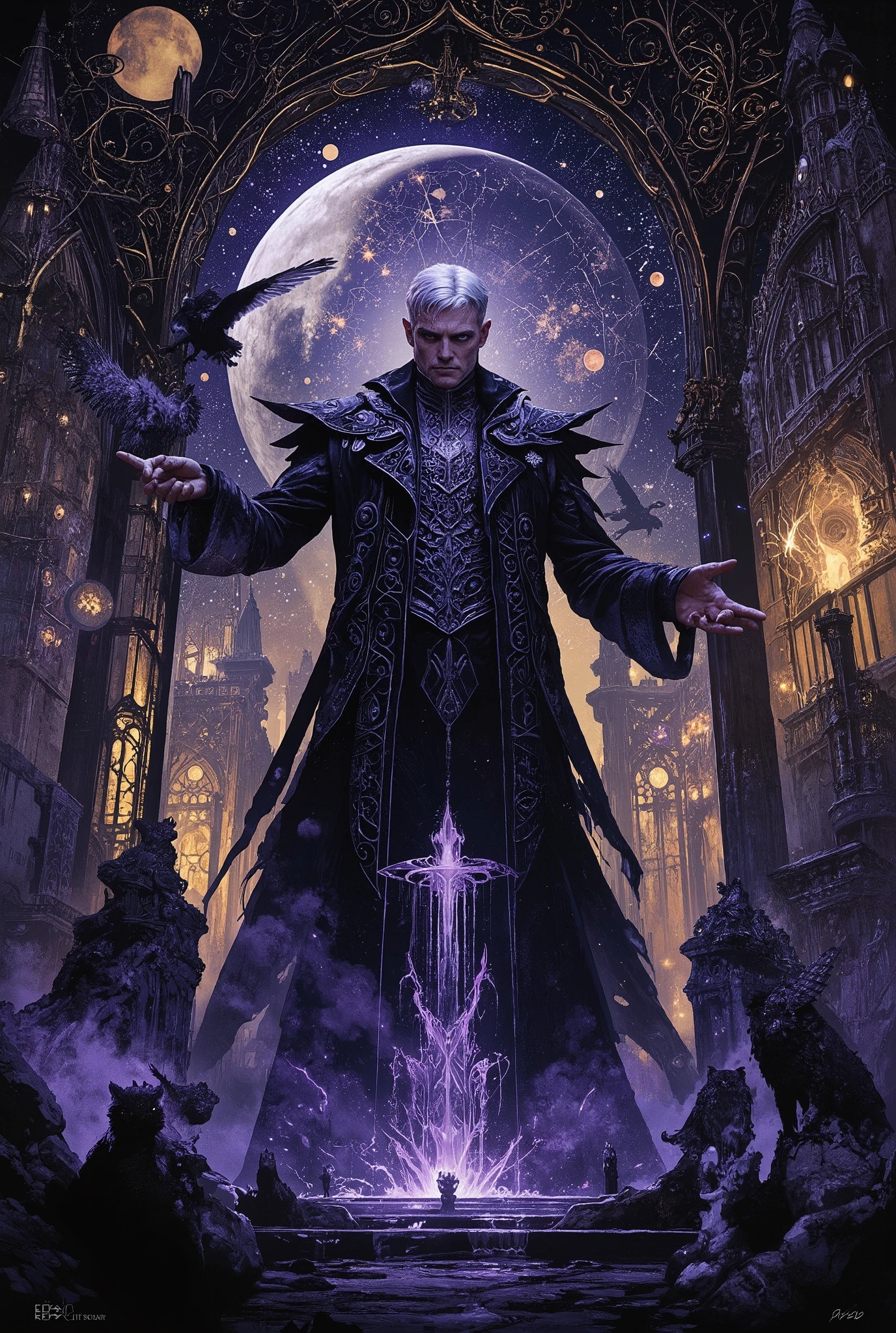 A transcendent portrait of an illuminated Dark Lord rendered in baroque gothic splendor, his perfectly trimmed silver hair swept back in aristocratic waves from noble temples, the short precise cut emphasizing his sharp cheekbones and strong jaw, creating a regal silhouette against the cosmic void. Ancient owls perch as eternal sentinels throughout the scene - massive horned owls with eyes of molten gold and midnight-black barn owls with crystalline feathers, their wings spanning impossible lengths, some rendered as living constellations while others manifest as ethereal guardians wreathed in purple flame. His commanding form stands against a backdrop of impossible architecture - twisted spires of primordial obsidian reaching skyward like frozen lightning, where owl-shaped gargoyles watch with knowing eyes, each surface carved with pre-human glyphs that pulse with violet light. His blazing indigo eyes hold the weight of epochs, while his refined features suggest both timeless power and youthful intensity, dressed in ornate black velvet robes with astronomical patterns that shift and move of their own accord. Eldritch energy coils around his sleek frame in spirals of deep purple and midnight blue, his elegant hands conducting cosmic forces like an orchestra of shadow, while spectral owls circle overhead in perfect geometric patterns. The bastion beneath him defies mortal geometry - floating staircases of elder stone, archways that lead to other dimensions, fountains flowing with liquid darkness. Stylized wolves rendered in art nouveau curves stand alongside the owl sentinels as eternal guardians, their forms more symbol than flesh, while shadow-panthers move like living hieroglyphs across walls older than time. The sky above is a kaleidoscope of celestial bodies - countless moons in phases that never existed on Earth, constellations forming owl-wing patterns that tell stories of the first night. Ancient trees below twist in impossible helixes, their branches forming Celtic knots against the star-filled void, hosting perches for the wisdom-bearing owls. Every element flows with the curved grace of Alphonse Mucha meeting the cosmic horror of Beksinski, the scene captured in ultra-detailed 8k with deep chiaroscuro emphasizing the dramatic contrast between light and shadow, rendered in a style that merges art nouveau decorative elements with eldritch baroque architecture