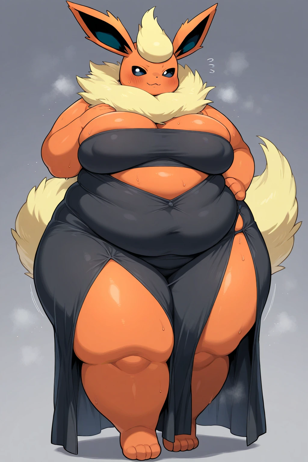 Wolf, female, huge breasts, huge hips, huge thighs, plump, voluptuous, long hair, massive figure, gorgeous, beautiful, eyelashes, top heavy, bottom heavy,fat arms, fat legs, overweight,crop top, sweatpants, barefoot , fluffy, fluffy hair, fluffy arms, fluffy forearms, fluffy cheeks, fluffy tail, fluffy neck, thick fur,huge breasts, huge breasts, huge hips, huge hips, huge thighs, huge thighs