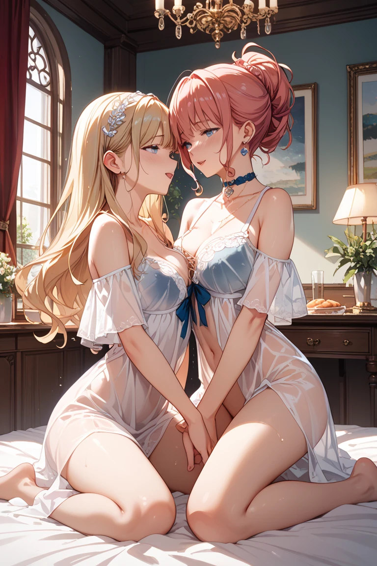 ((Full body photo, standing, feet on the floor)) score_9, score_8_up, score_7_up, score_6_up, 2girls, elsa (blonde hair, braid, blue lingerie, navel:1.1) and anna (brown hair, braided pigtails, green lingerie, navel:1.3),, elegant hotel suite, lovers, in love, they are laying on a large luxurious bed, kissing, groping, (cinematic lighting:1.2),, (sunset:1.2).