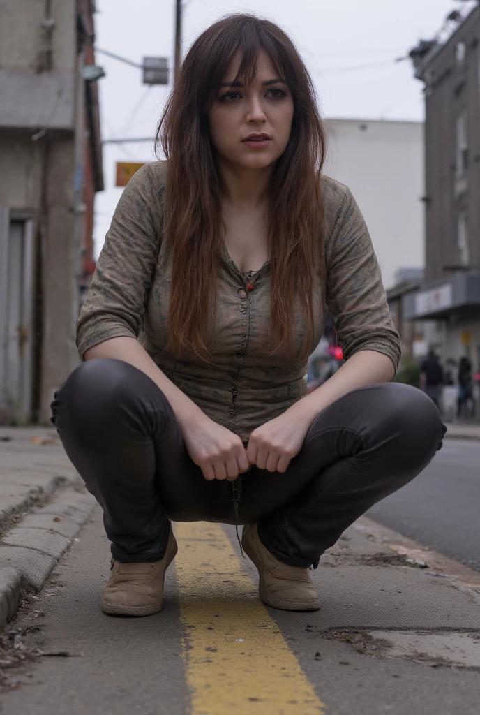 High detail , Daisy ridley, (21 years old),on a dirty disgusting busy street , shit on the street ,people watching in background,wearing starwars uniform ,showing nipple , showing thigh, bottomless ,on the floor, showing pussy