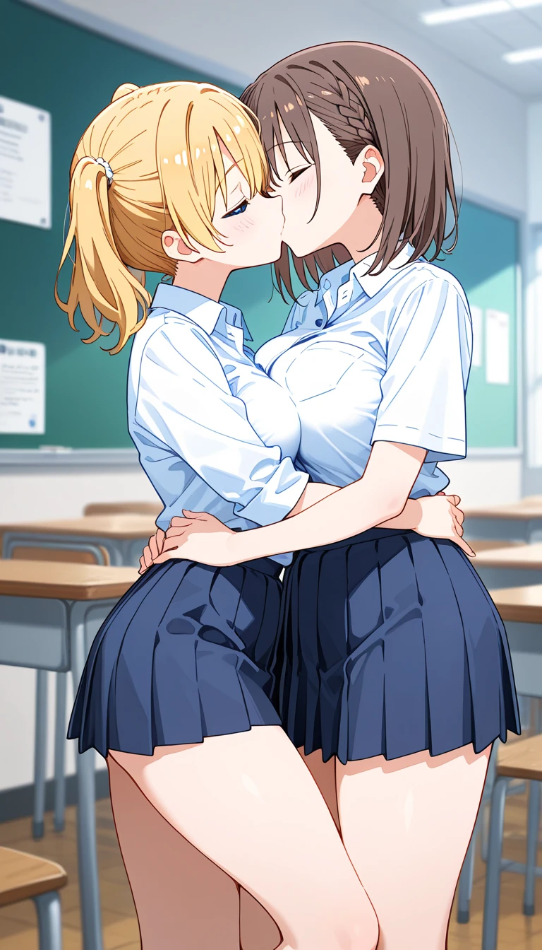 (masterpiece, best quality, ultra-detailed, high resolution, detailed eyes), {vulgar}, nsfw, takeda hiromitsu style, {{{2women}}}, {school girl uniform}, curvy body, looking at viewer, (french kiss:1.4), (blushing:1.2), (drool:1.4), (breath:1.3), (orgasm:1.3), cowboy shot, skirt lift, pussy, touching pussy each other, love juice, sweaty skin