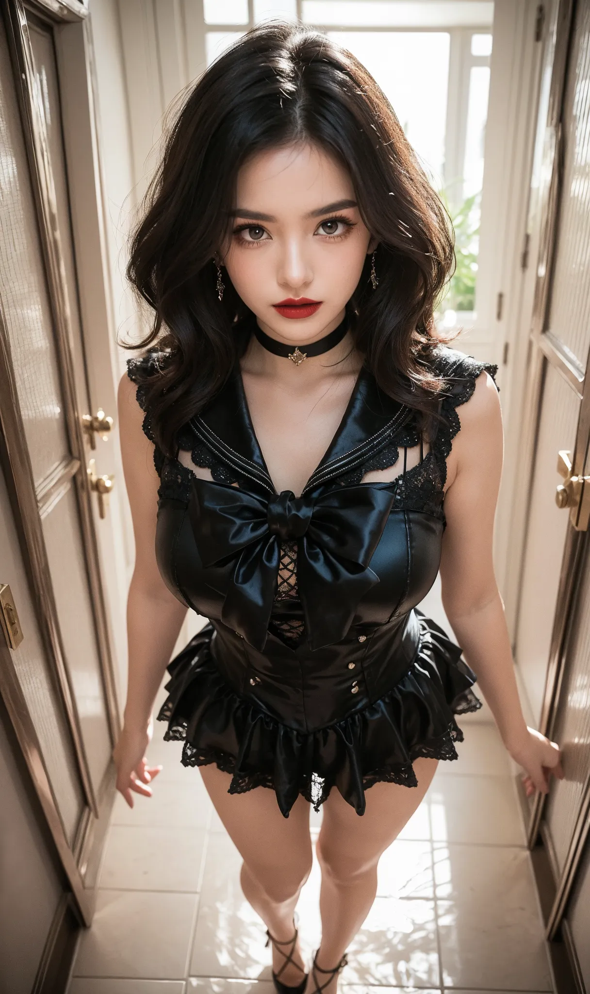 (8k、RAW Photos、Highest quality、masterpiece:1.2)、(Realistic、Realistic)、1 person、((black and white、Cleavage、handcuffs、leather、Medium Hair、garter belt、mini skirt、Thin legs、whole body、boots、View from the front、Looking into the camera、Dark basement、Stand with hands on hips))、cute