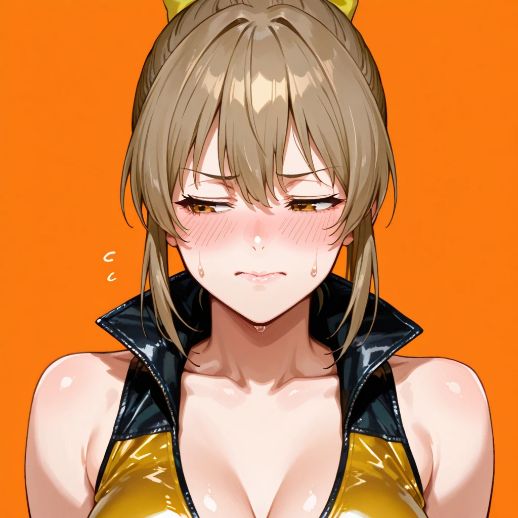 (finger fuck,),NSFW,best quality, female, streaming tears, glamorous, voluptuous, curvy, forehead, long wavy brown hair ,yellow swimsuit,torn swimsuit,scowl