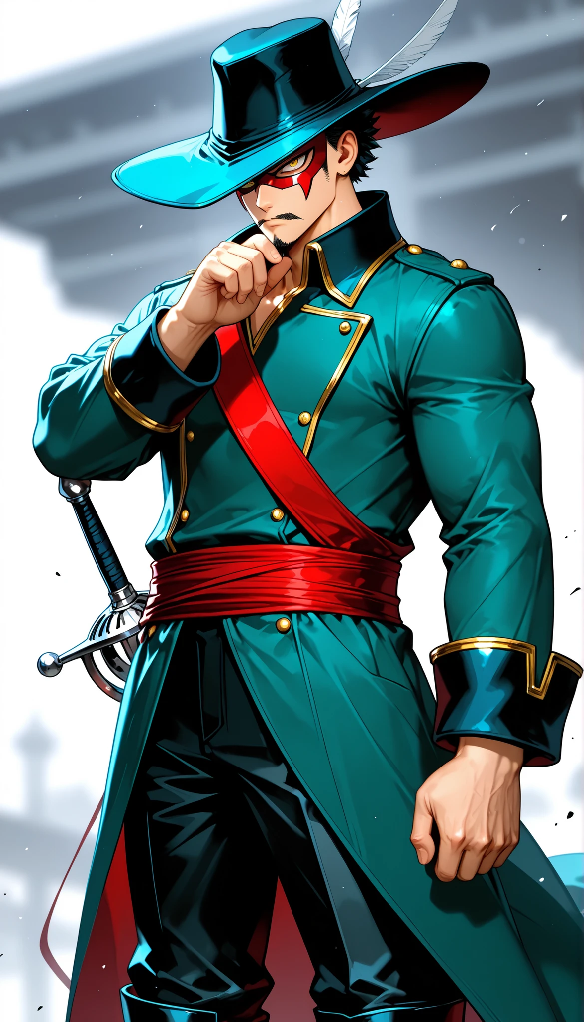 solo, half body, {((male)), my hero academia, ((mature:9)), toned body, muscular, ((black hair)), clean short hair, sleek back hair, light skin, ((yellow eyes)), facial hair: goatee and mustache, sideburns, confident expression, black zoro-mask covering upper face, confident but shadowed expression, wearing teal-blue long coat with gold trim, crimson sash at waist, black trousers, tall black leather boots, wide-brimmed cavalier hat with white feather, ornate rapier resting at side}, [BREAK] blurred background, white background, [BREAK] general, masterpiece, masterwork, best quality, highres, cinematic composition, ultra-detailed fabric textures, eyeshd, high gradient eyes, detailed eyes, photoreal semi-cinematic style, perfect hands