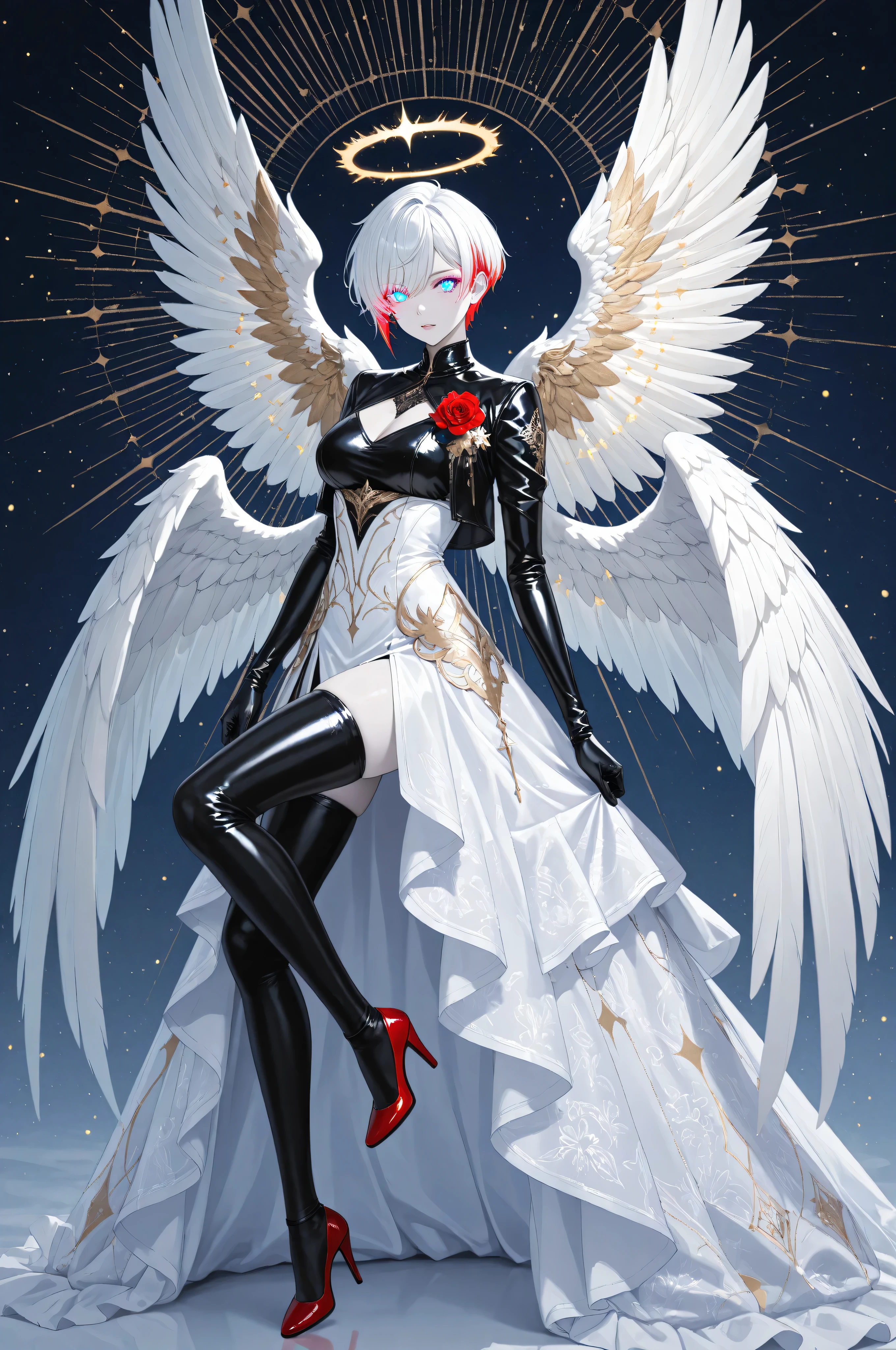 a picture of magnificent female angel, busty, dynamic hair color, pixie cut hair, shining blue eyes, white wings, wearing intricate elegant black leather dress, wearing red high heels, spread angel wings, pale skin, white hair, colorful hair, colorful eyes, glowing eyes, white dress with golden pattern, Halo, fantasy, black latex corsage, black stockings, masterpiece, best quality, amazing quality
