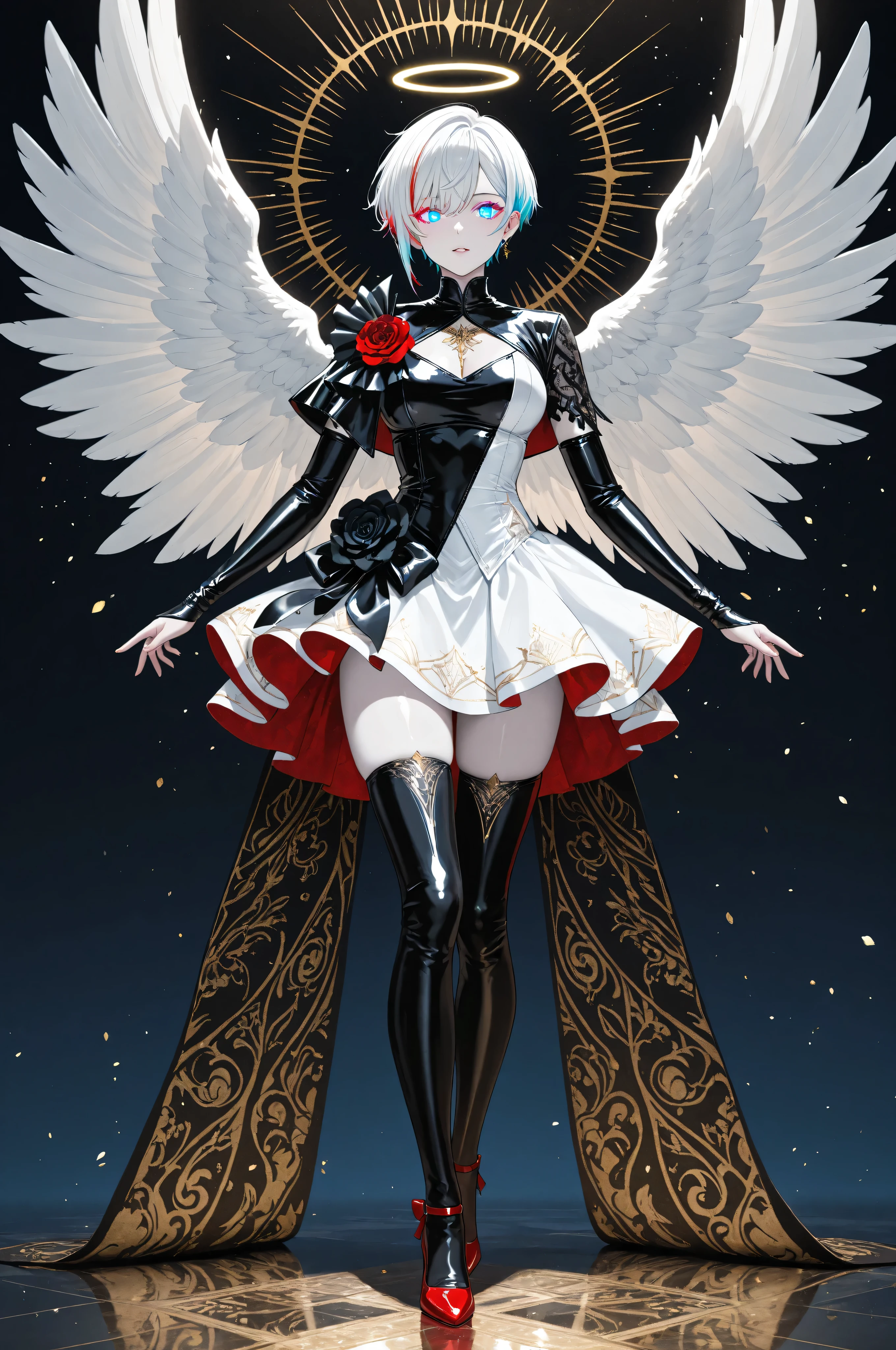 a picture of magnificent  female angel, busty, dynamic hair color, pixie cut hair, shining blue eyes, white wings, wearing intricate elegant black leather dress, wearing red high heels, spread angel wings, pale skin, white hair, colorful hair, colorful eyes, glowing eyes, white dress with golden pattern, Halo, fantasy,  black latex corsage, black stockings, masterpiece, best quality, amazing quality