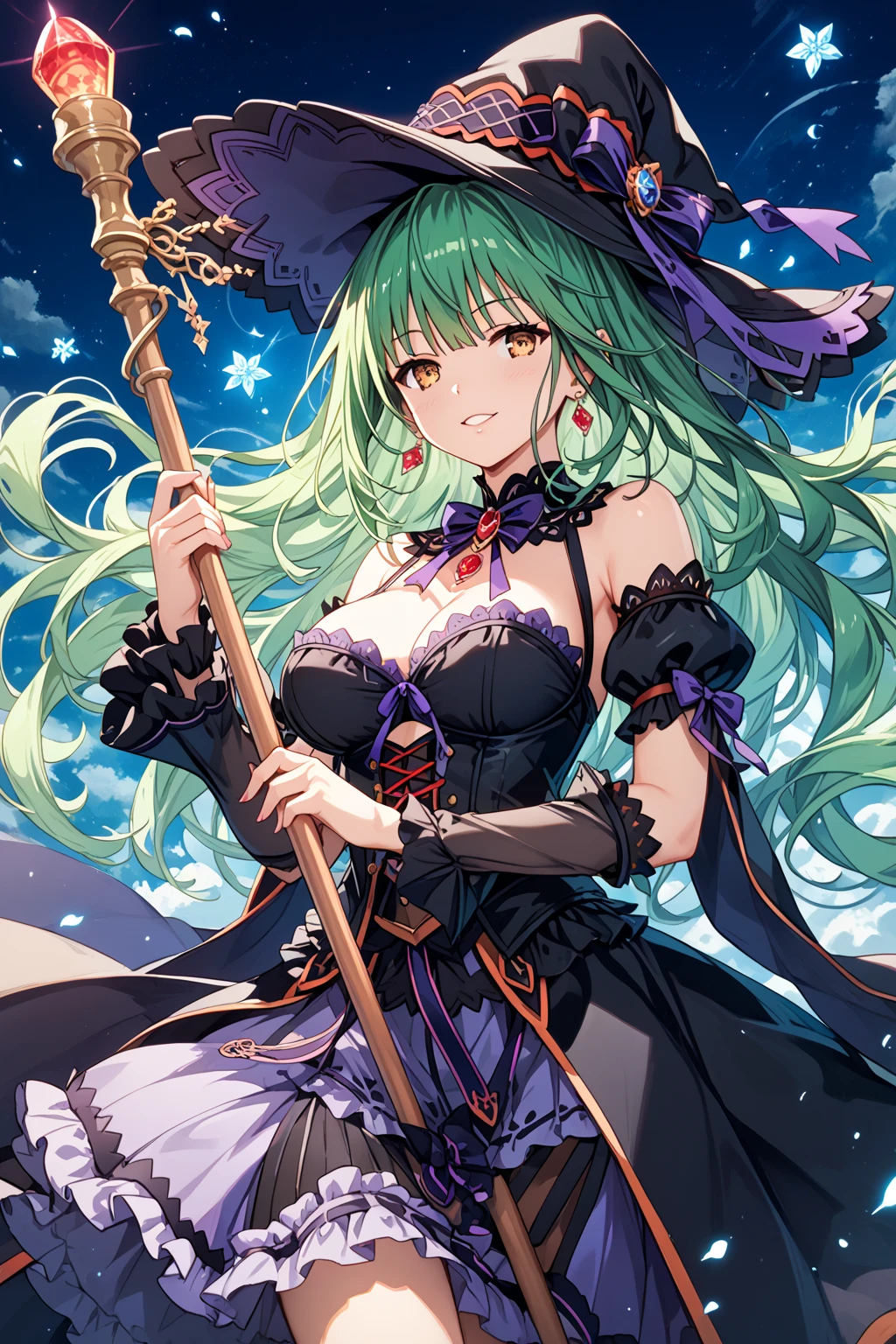 absurdres, highres, (official art, beautiful and aesthetic:1.2), ultra detail, beautiful person, long hair, 1girl, solo, red eyes, green hair,
smile, shirt, gloves, hat, cleavage, collarbone, black gloves, belt, black skirt, cape, bra, witch hat, corset, pouch, witch,
country side, bluesky,
wind effects, flower effects, (cowboy shot),
<lora:Evelyn_agenate:0.65>