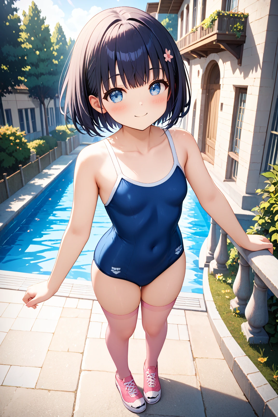 Highest quality, masterpiece, Ultra-high resolution, (Realistic:1.4), RAW Photos, Intricate details, Big beautiful eyes, Perfect contours, masterpiece, One Girl, ((Elementary school students)), Braided Bob, (perky breasts:1.2, high breasts:1.2), curvy waist, Competitive swimmer, (one piece, turtleneck,Sleeveless swimsuit), Clear metallic blue swimsuit:1.5, Thin and tight high leg swimsuit, ((shoot from below:1.5)), Portraiture, View your viewers, Outdoor swimming pool, Partially submerged, Wet Skin, smile, (Underarm)