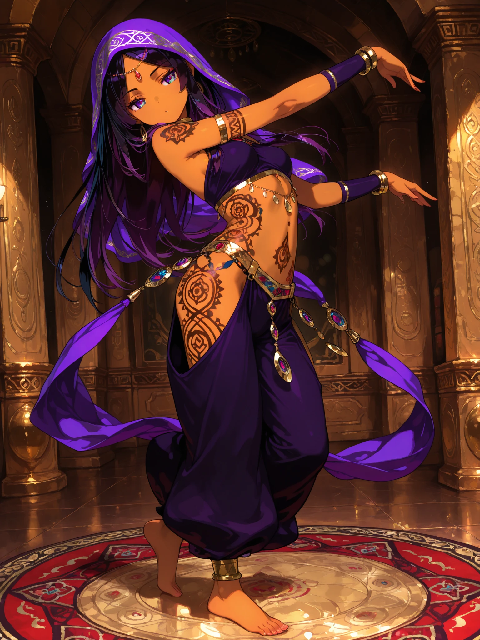 masterpiece, Highest Quality, perfect face, 1 female, youth, arabian, brown skin female, dark black color hair, long hair, dark purple color eyes, served,  temptation , provocative , ethnic patterns tattoo,full-body tattoo, dancing, bare feet, saloon,