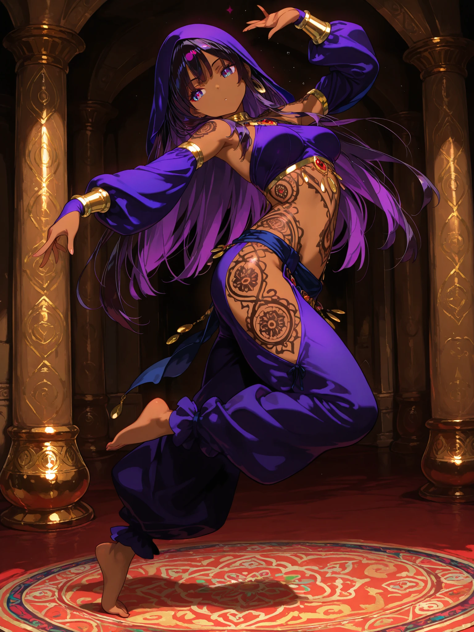 masterpiece, Highest Quality, perfect face, 1 female, youth, arabian, brown skin female, dark black color hair, long hair, dark purple color eyes, served,  temptation , provocative , ethnic patterns tattoo,full-body tattoo, dancing, bare feet, saloon,