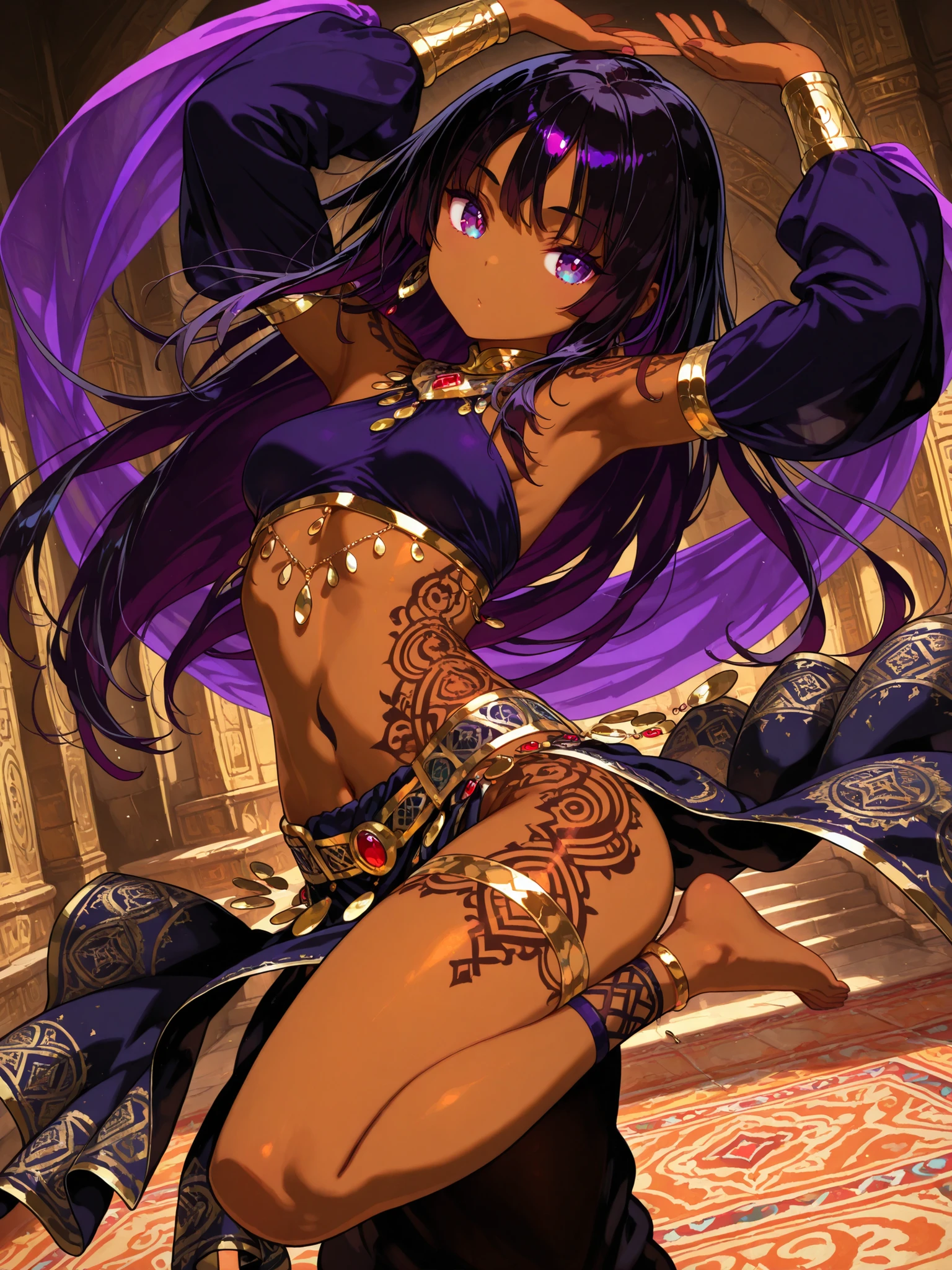 masterpiece, Highest Quality, perfect face, 1 female, youth, arabian, brown skin female, dark black color hair, long hair, dark purple color eyes, served,  temptation , provocative , ethnic patterns tattoo,full-body tattoo, dancing, bare feet, saloon,