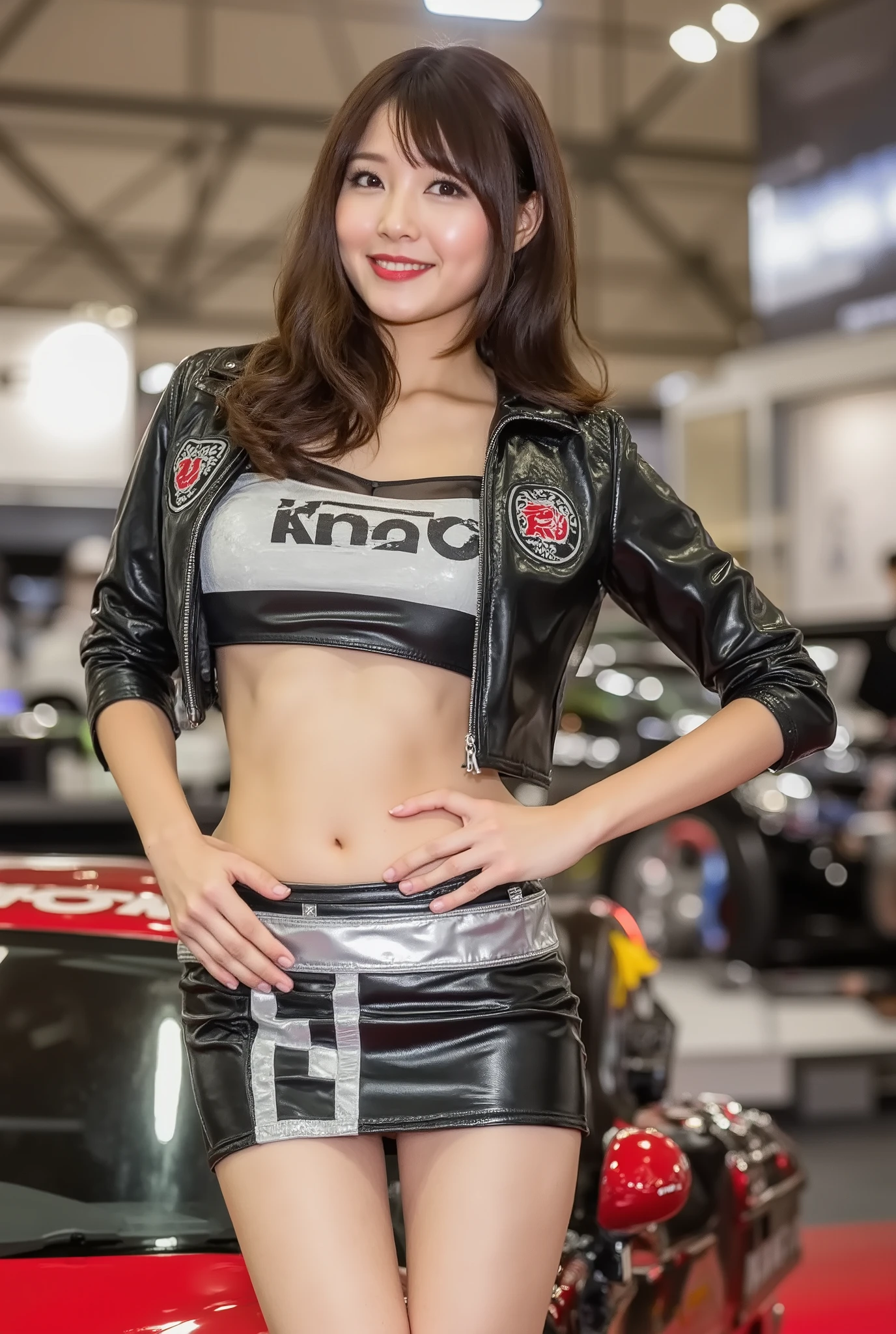 Highest Quality 、high quality 、 最High Definition、High Definition、8K Quality、high image quality 、Highest Quality、 masterpiece 、immersive video、 very realistic image 、Realistic Painting、 perfect details 、 High Contrast 、High Fidelity、 perfect photo without blurring、close to reality、 Highly detailed image、 Detailed and REALISTIC WEAPON 、 exquisite and realistic human skin 、 realistic face in every detail、 Realistic eyes in detail 、 Realistic lips drawn in detail 、 detailed and real teeth、Realistic Ears、 Realistic Hair 、((Japanese Model))、((Race Queen))、((beautiful adult woman))、((beautiful faces))、((black hair))、((big rounded breasts))、((sexy body ))、((Beautiful skin without a single blemish))、(((Tokyo Motor Show)))、 (((racing cars)))、 ((promotion girl beside the F1 car,Grid Girls,detailed promotional costumes are intricately worn))、racing cars、Racing exhibition hall、Japanese woman wearing sneakers、Race Queenコスチュームの日本人女性、(((Asymmetric design cropped top short enough to show &enamel short sleeve jacket with lots of logos&asymmetrical design enamel skirt short enough to show panties&Japanese woman wearing sneakers)))、(((cropped top that fits perfectly to a body short enough to show &enamel short sleeve jacket with lots of logos&perfect for bodies short enough to see panties {x} perfect for bodies short enough to see panties fitted enamel skirt&Japanese woman wearing sneakers)))、(((cut out design enamel cropped top that is short enough to show &enamel short sleeve jacket with lots of logos&cutout design enamel skirt short enough to show panties&Japanese woman wearing sneakers)))、((racing carsに寄り添う,racing carsのボンネットに腰を下ろす,Dynamic Poses))、(crowd in motor show venue)、((Closeup of the subject))