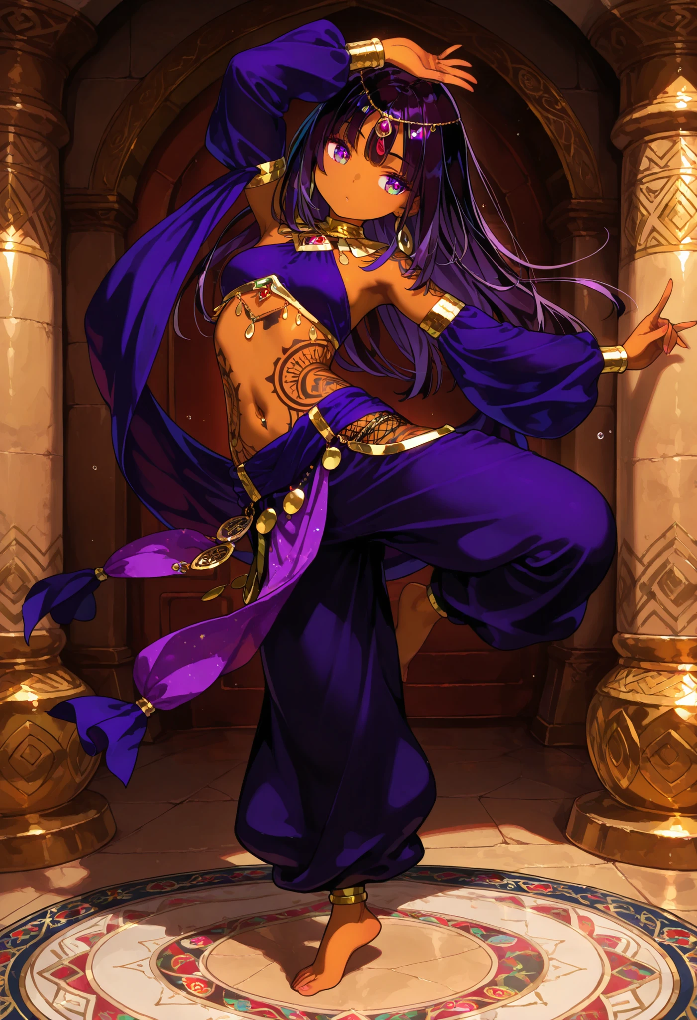 1 female, youth, arabian, brown skin female, dark black color hair, long hair, dark purple color eyes, served,  temptation , provocative , ethnic patterns tattoo,full-body tattoo, dancing, bare feet, saloon,