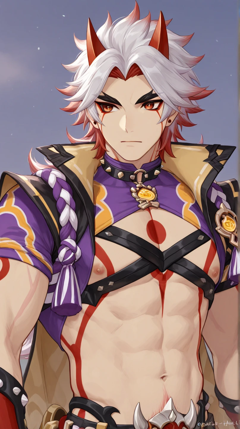 masterpiece, best quality, , 1boy, solo, male focus, looking at viewer, , , , , <lora:kannagi_arata_kangatari:0.92>, kannagi_arata_kangatari, kannagi_arata_kangatari, white hair, red eyes, ponytail, , forehead mark, , ,