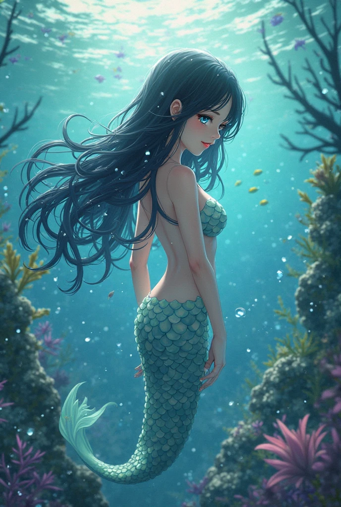 (((Ninkasi) best quality, ultra-high resolution, 4K detailed CG, masterpiece,mermaid goddess,long hair,black hair, jug goddess,aesthetics,sumeria, ((fish tail)), beautiful image, centered on the screen,