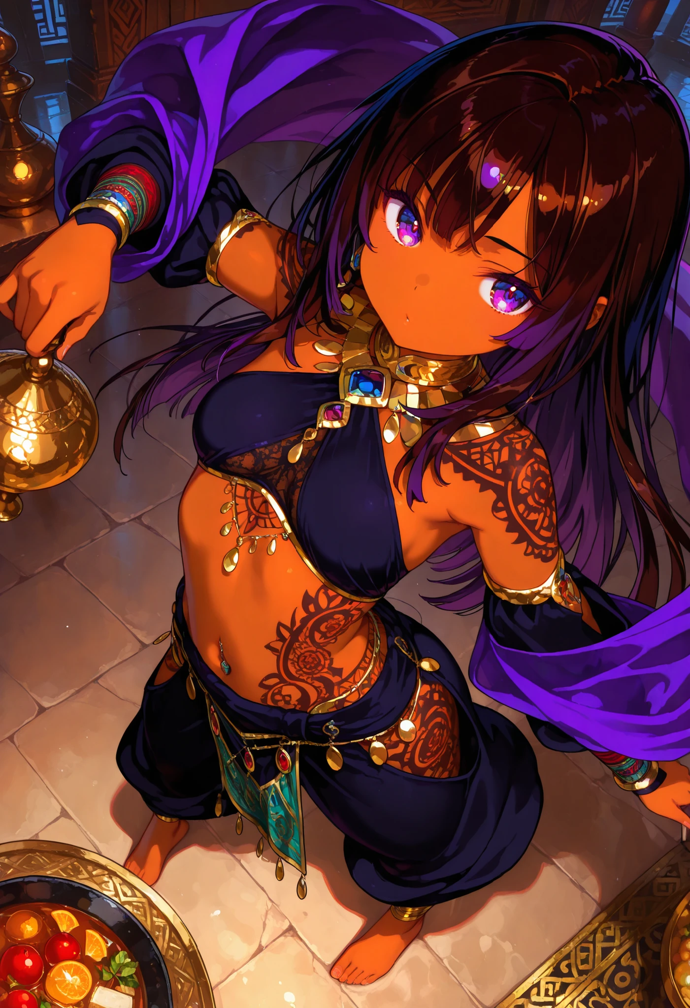 1 female, youth, arabian, dark skin female, dark brown black color hair, long hair, dark purple color eyes, served,  temptation , provocative , ethnic patterns tattoo,full-body tattoo, dancing, raise both legs, bare feet,sole, looking at viewer, from above, saloon,